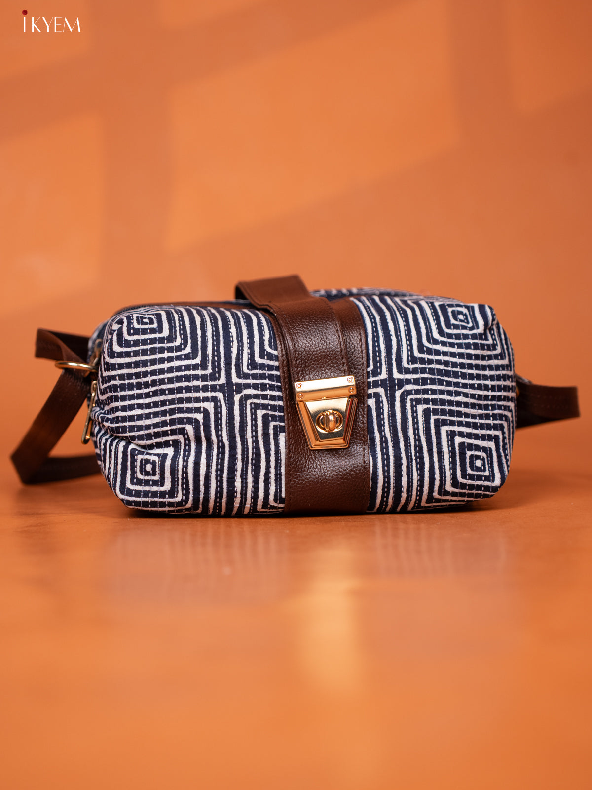 Geometric Cotton Leather Sling bag with 3 Compartments - Navy Blue - KD26972