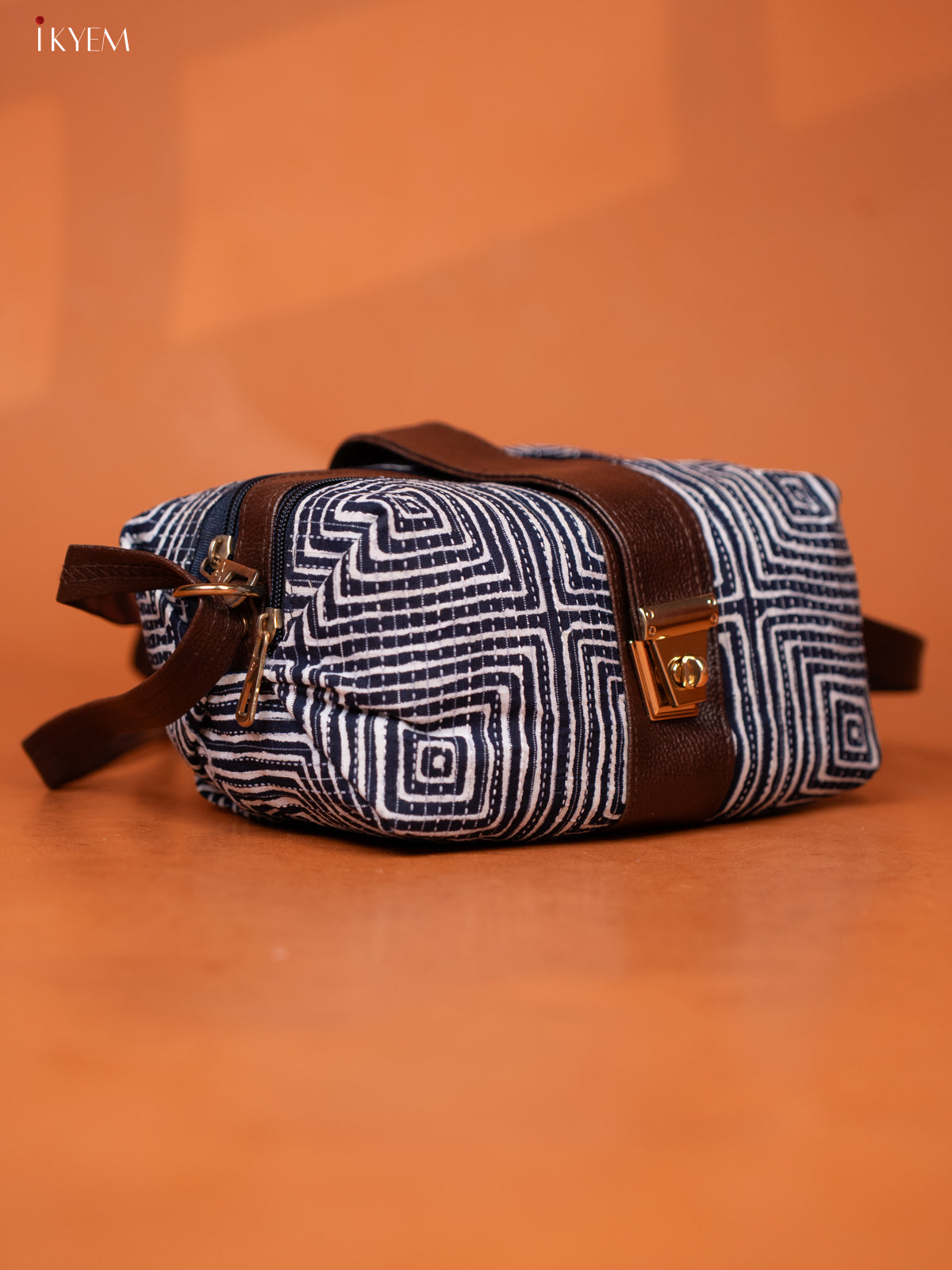 Geometric Cotton Leather Sling bag with 3 Compartments - Navy Blue - KD26972
