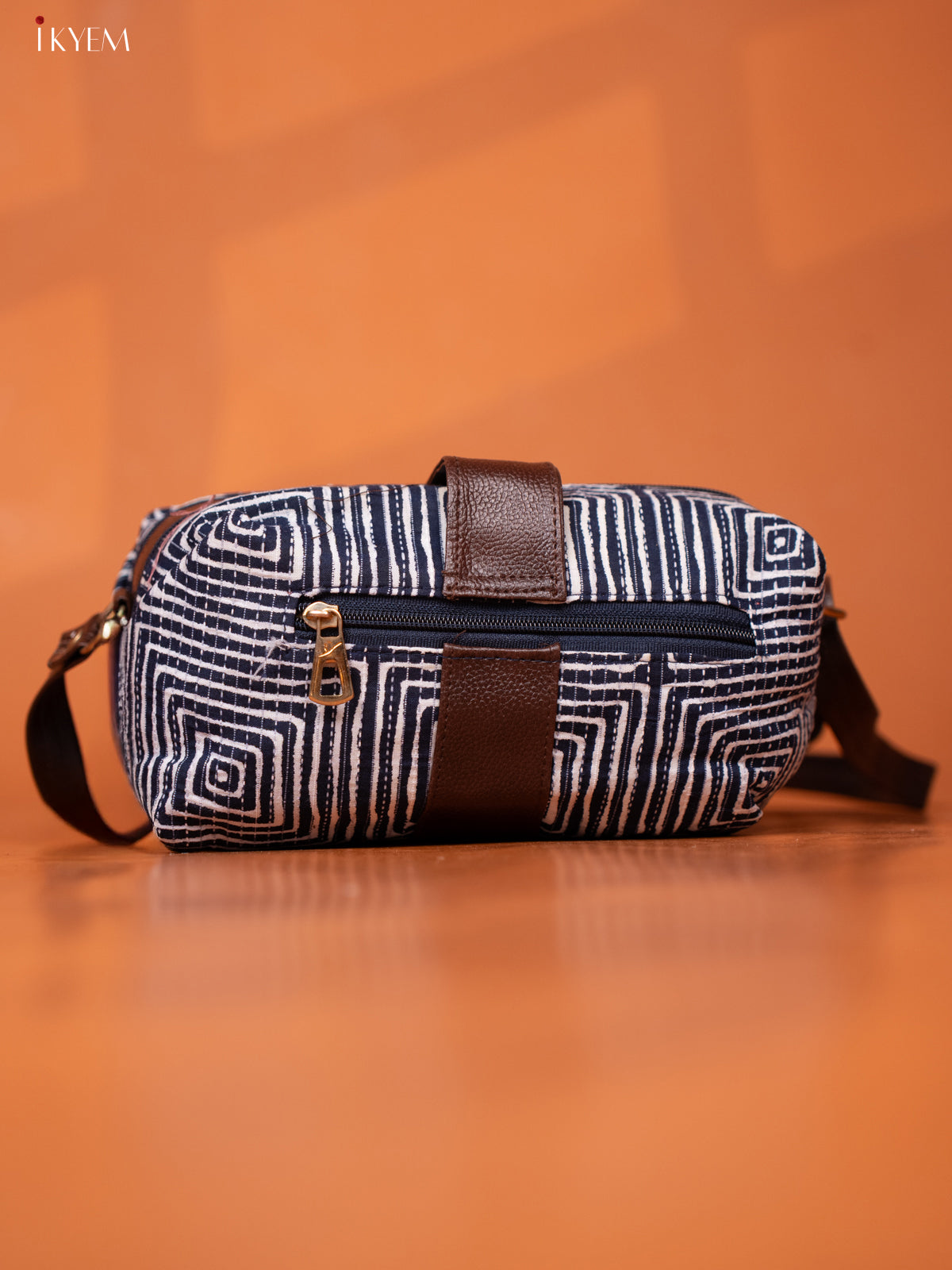 Geometric Cotton Leather Sling bag with 3 Compartments - Navy Blue - KD26972