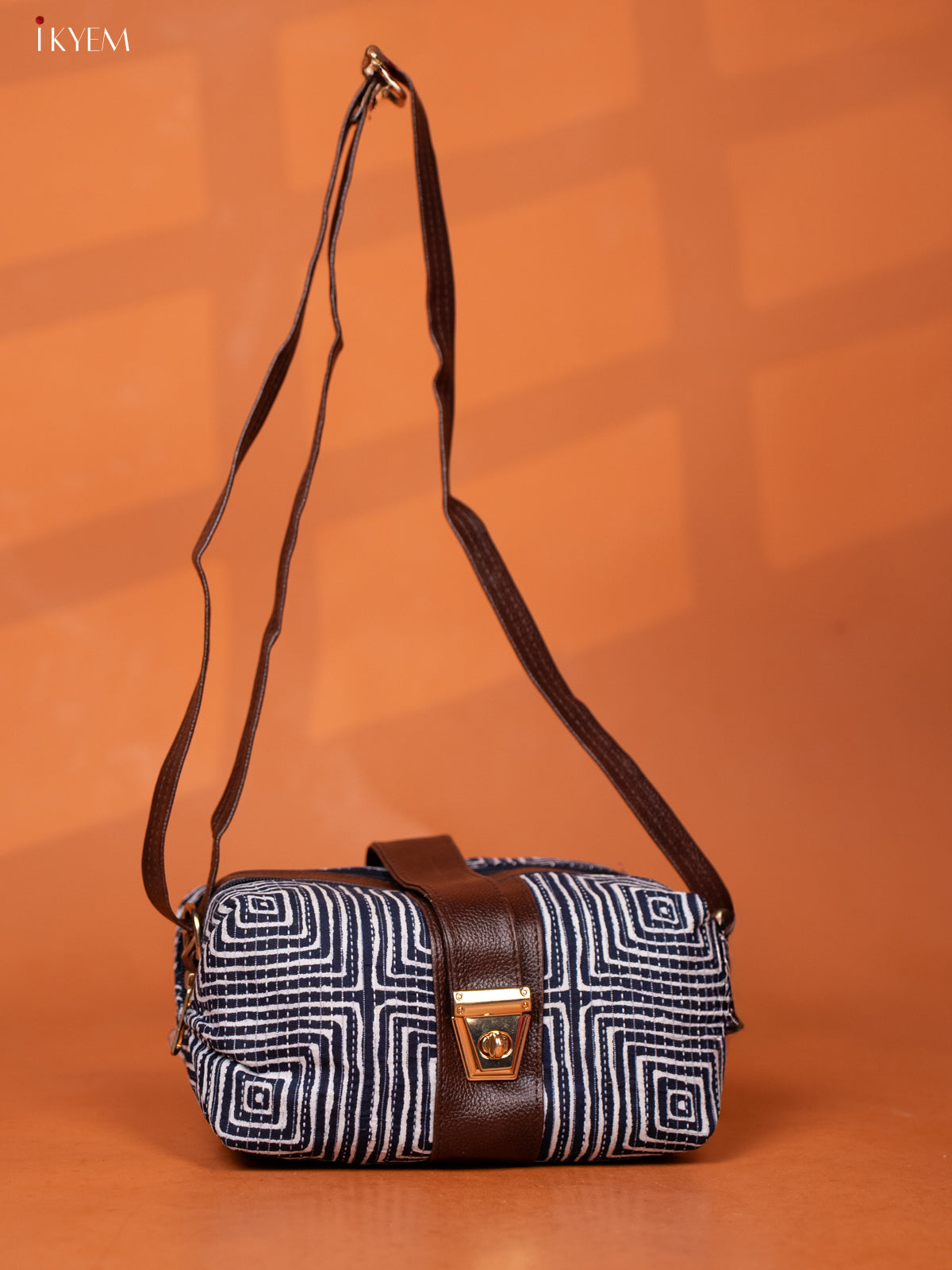Geometric Cotton Leather Sling bag with 3 Compartments - Navy Blue - KD26972