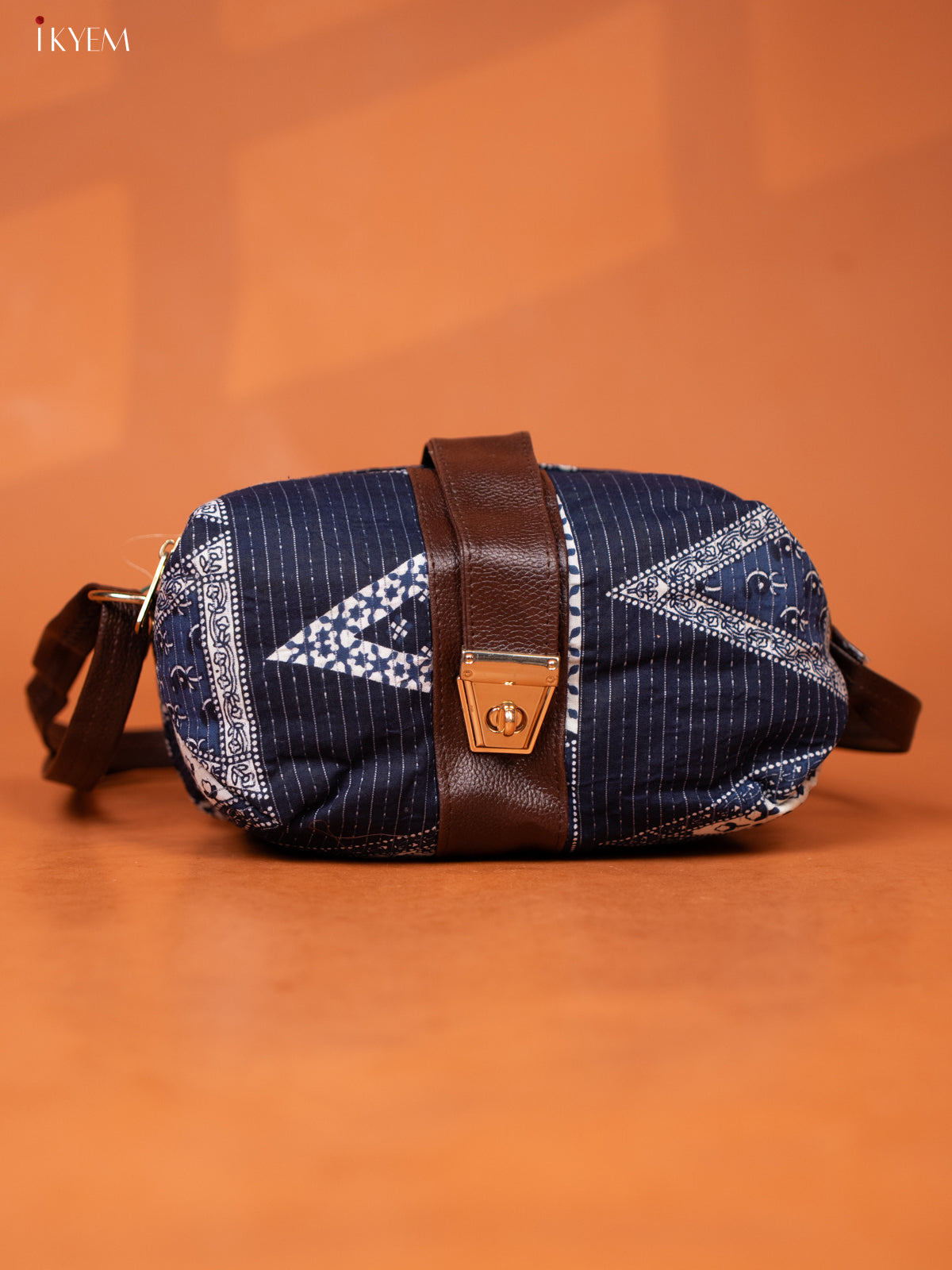 Ikat Cotton Leather Sling bag with 3 Compartments -Navy Blue - KD26973