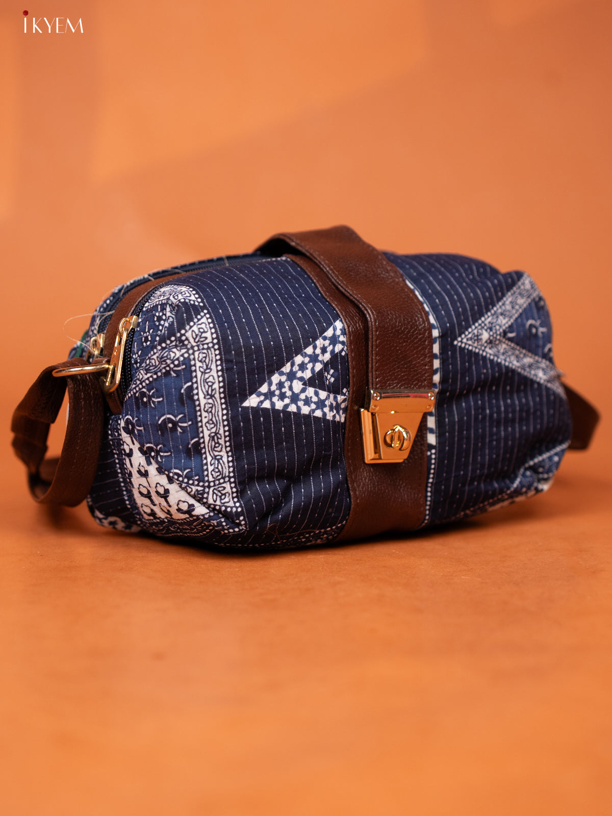 Ikat Cotton Leather Sling bag with 3 Compartments -Navy Blue - KD26973