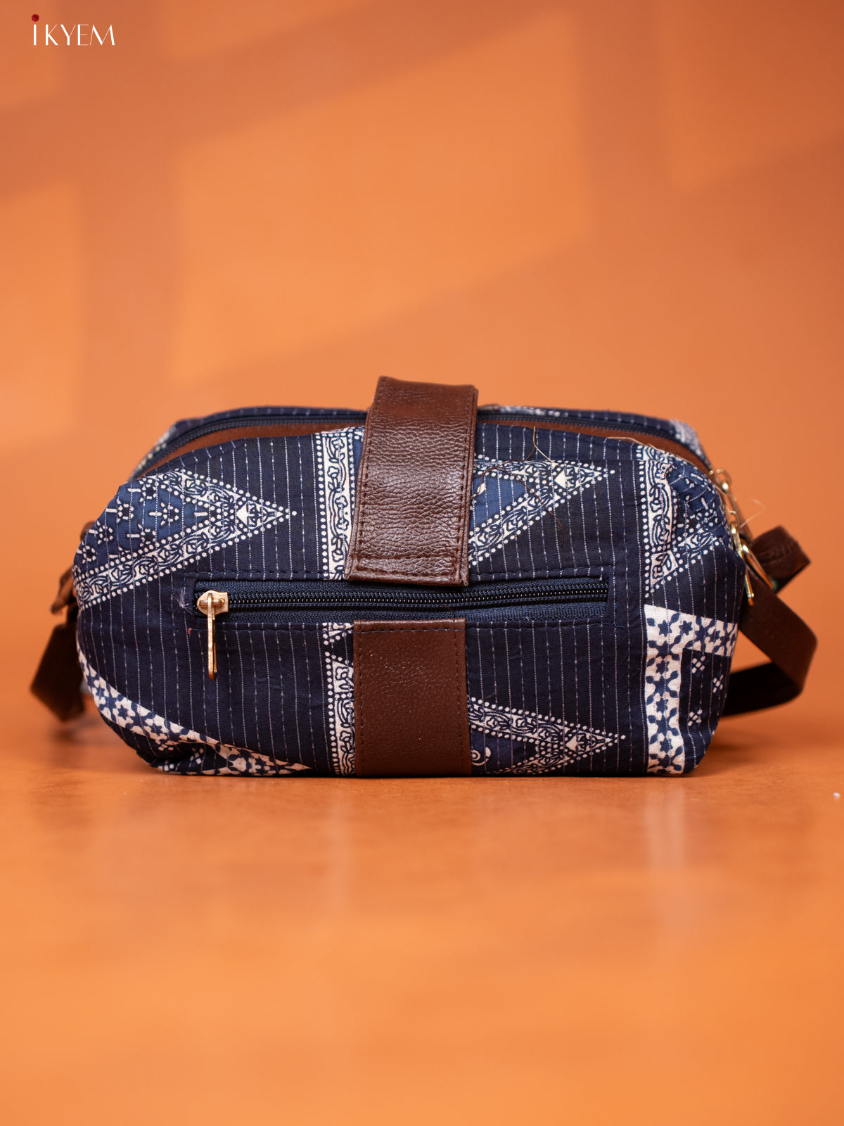 Ikat Cotton Leather Sling bag with 3 Compartments -Navy Blue - KD26973
