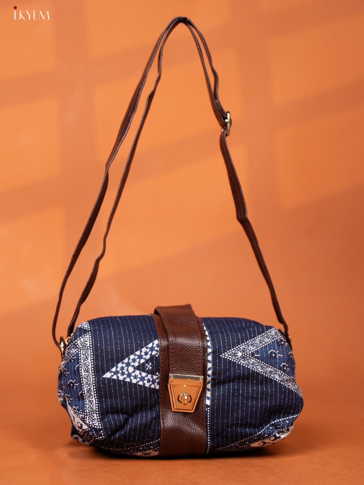 Ikat Cotton Leather Sling bag with 3 Compartments -Navy Blue - KD26973