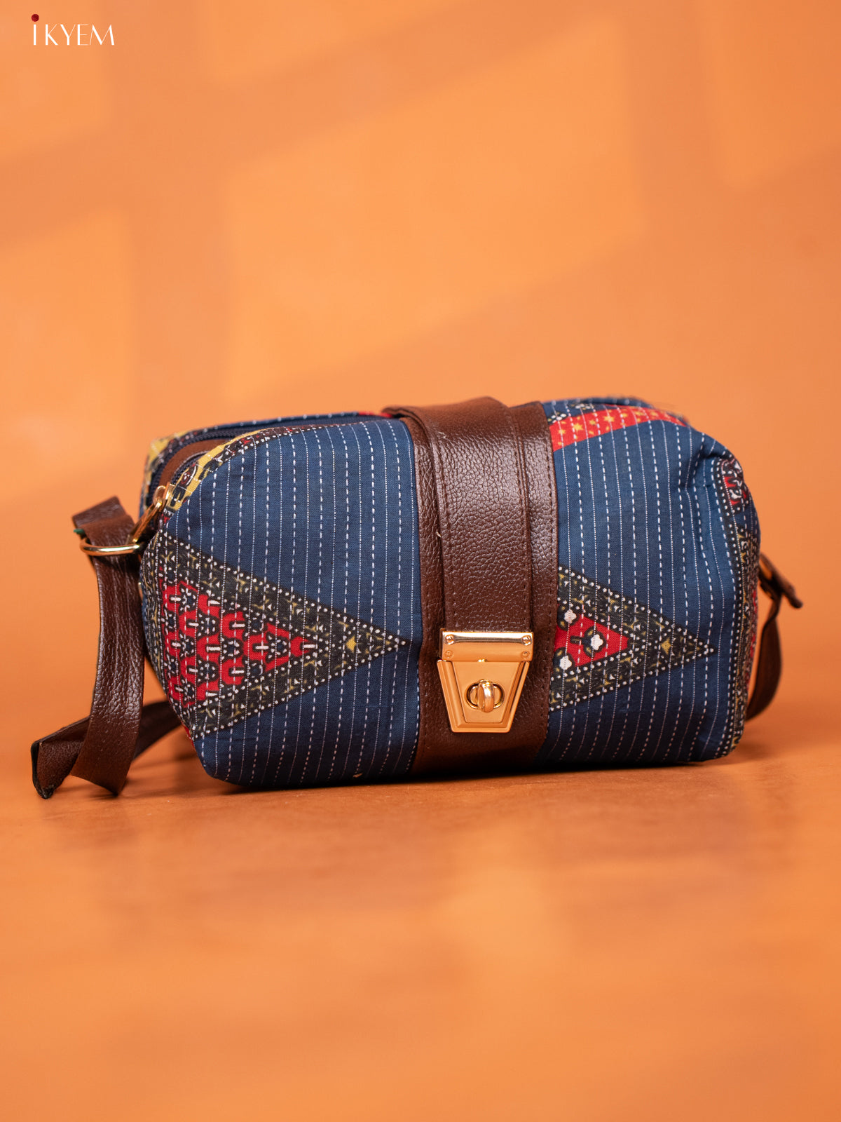 Ikat Cotton Leather Sling bag with 3 Compartments - Blue - KD26974