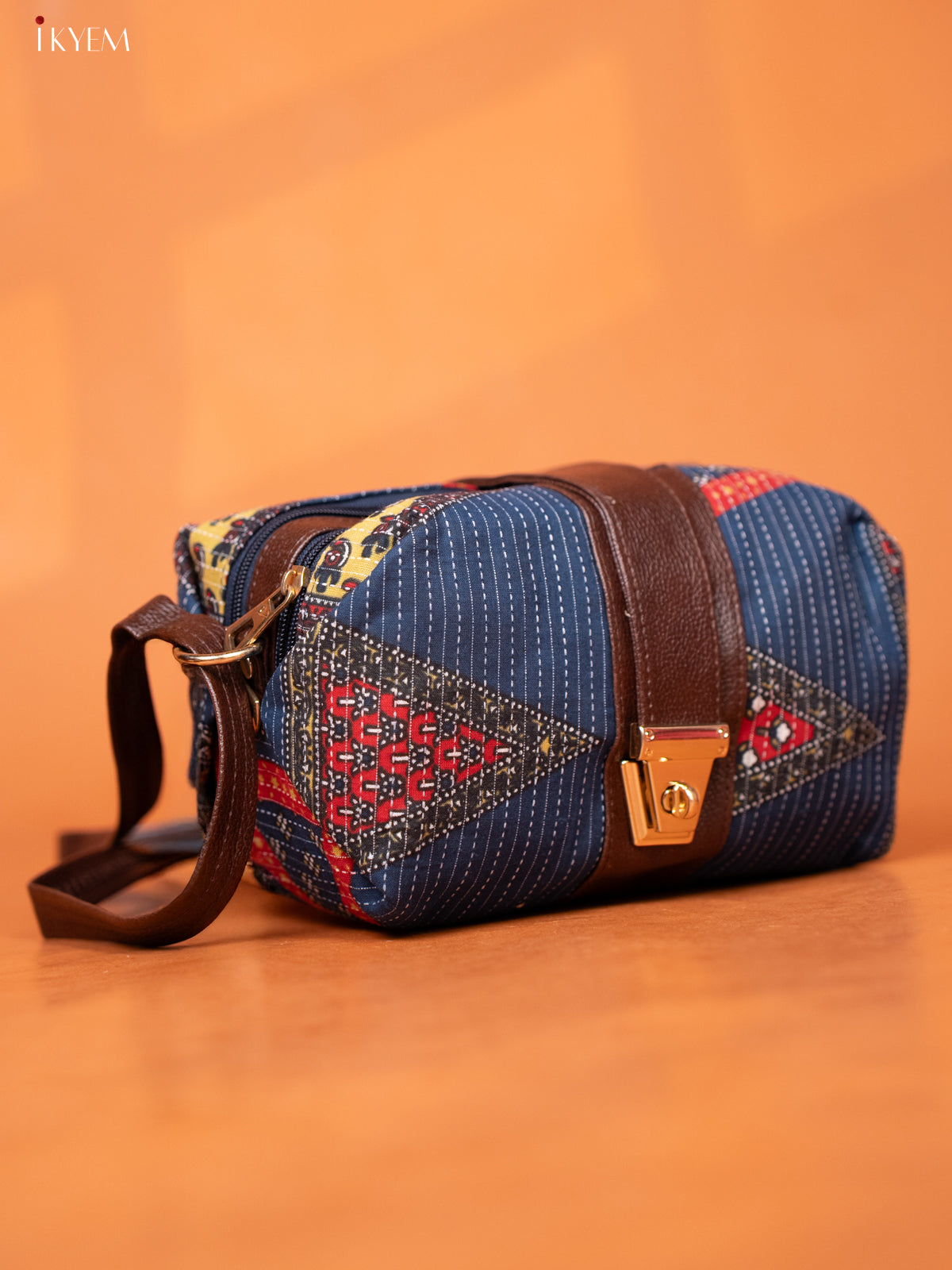 Ikat Cotton Leather Sling bag with 3 Compartments - Blue - KD26974
