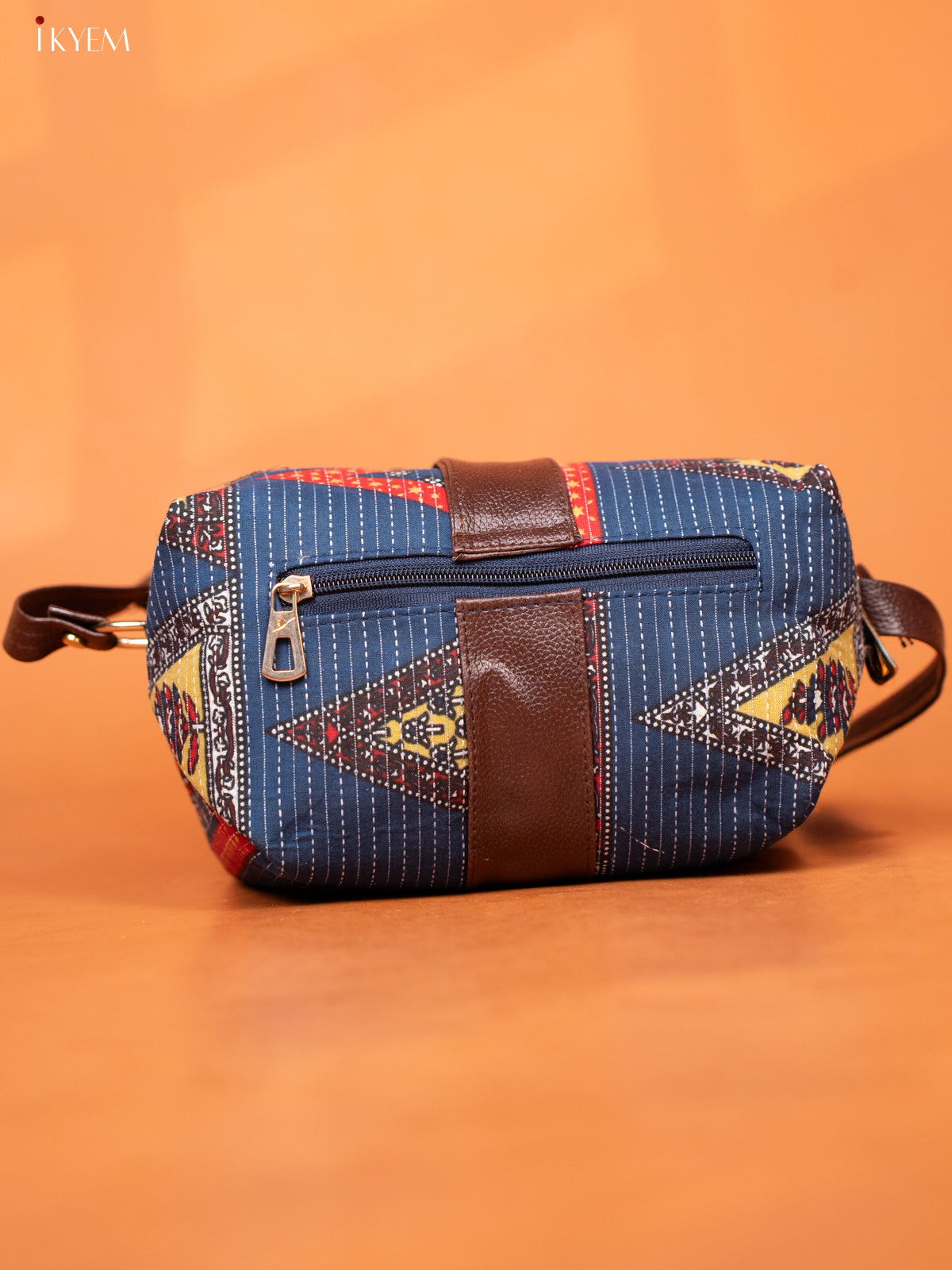 Ikat Cotton Leather Sling bag with 3 Compartments - Blue - KD26974