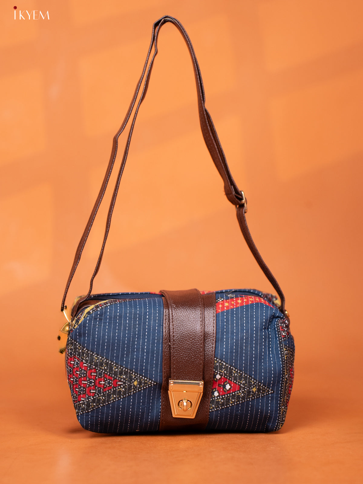 Ikat Cotton Leather Sling bag with 3 Compartments - Blue - KD26974