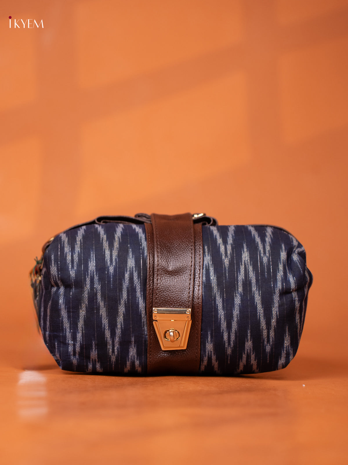 Jacquard Ikat Leather Sling Bag with 3 Compartments- Navy Blue - KD26975