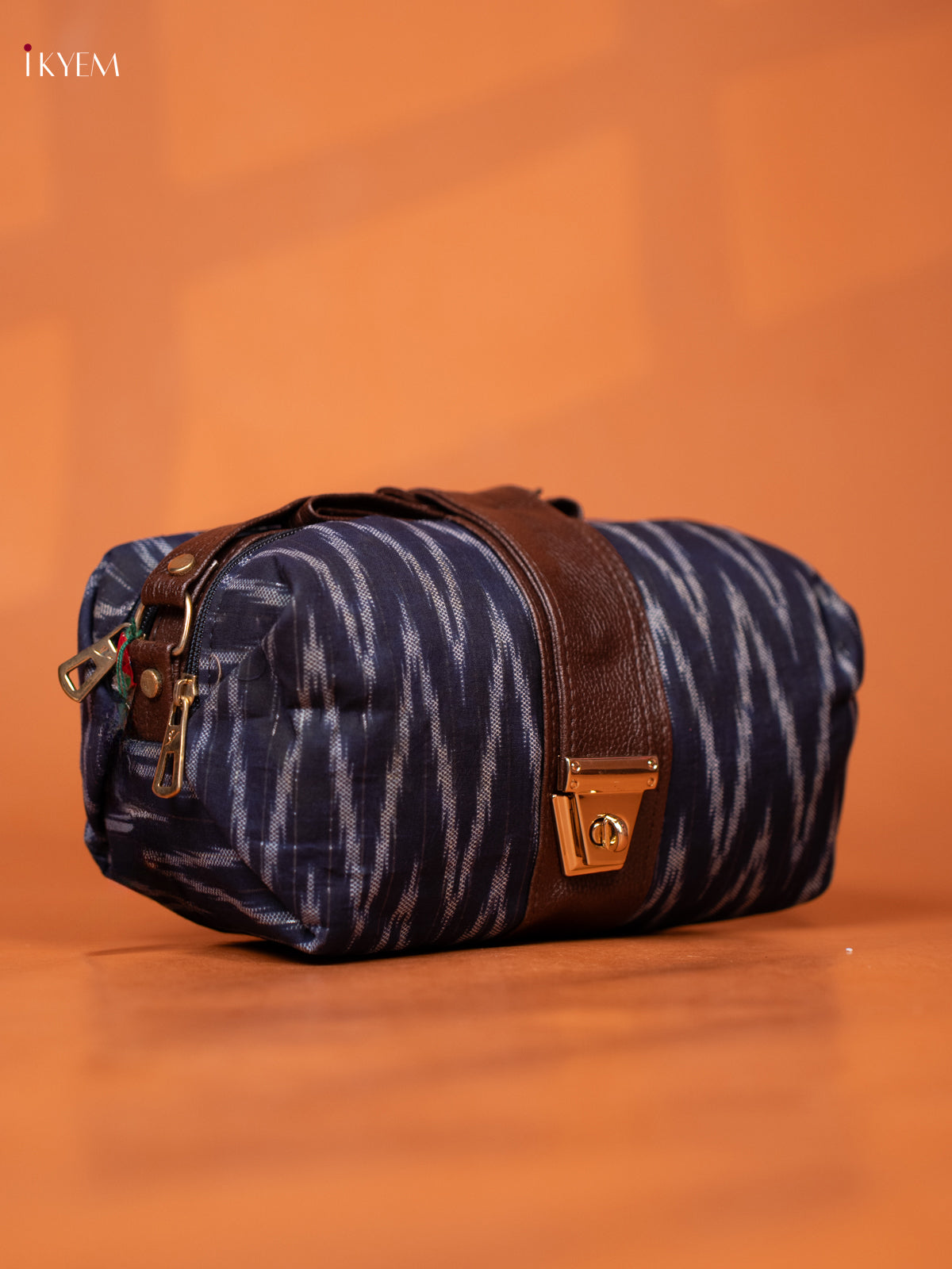 Jacquard Ikat Leather Sling Bag with 3 Compartments- Navy Blue - KD26975