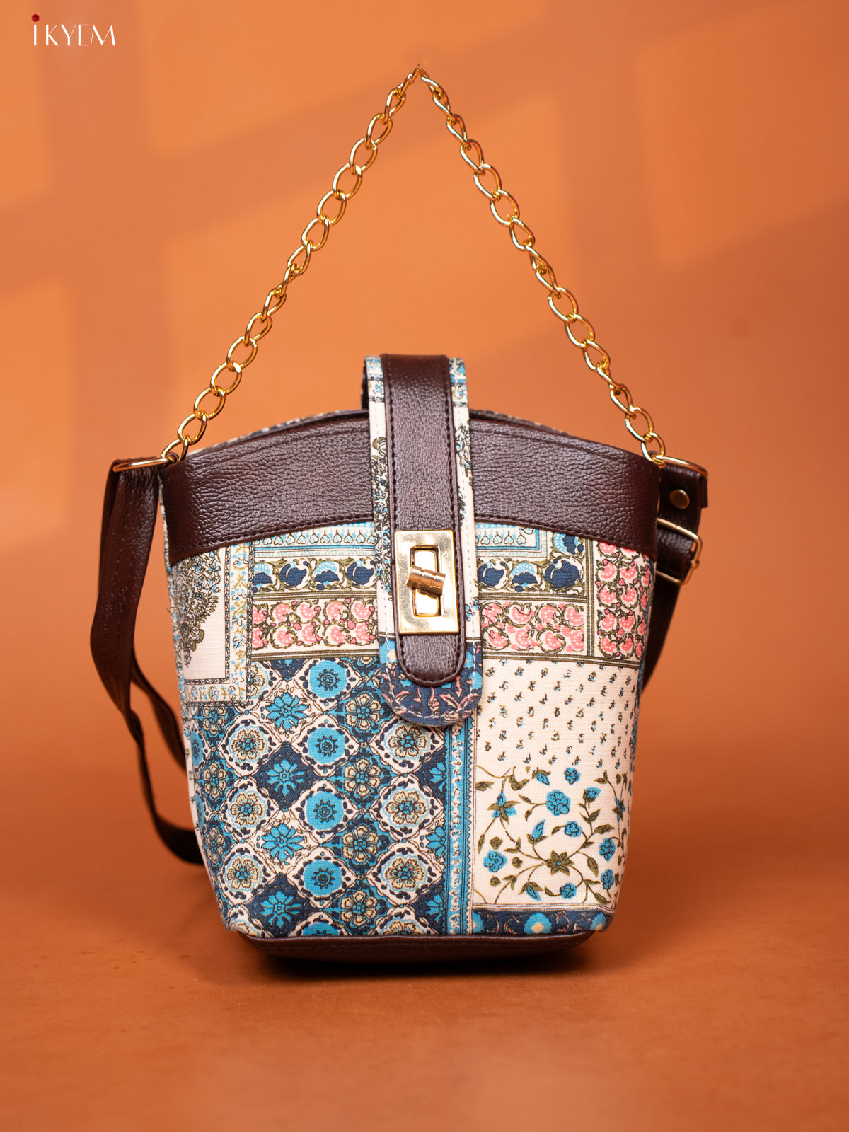 Printed patchwork Cotton Leather Sling Bag -Sky Blue - KD26976