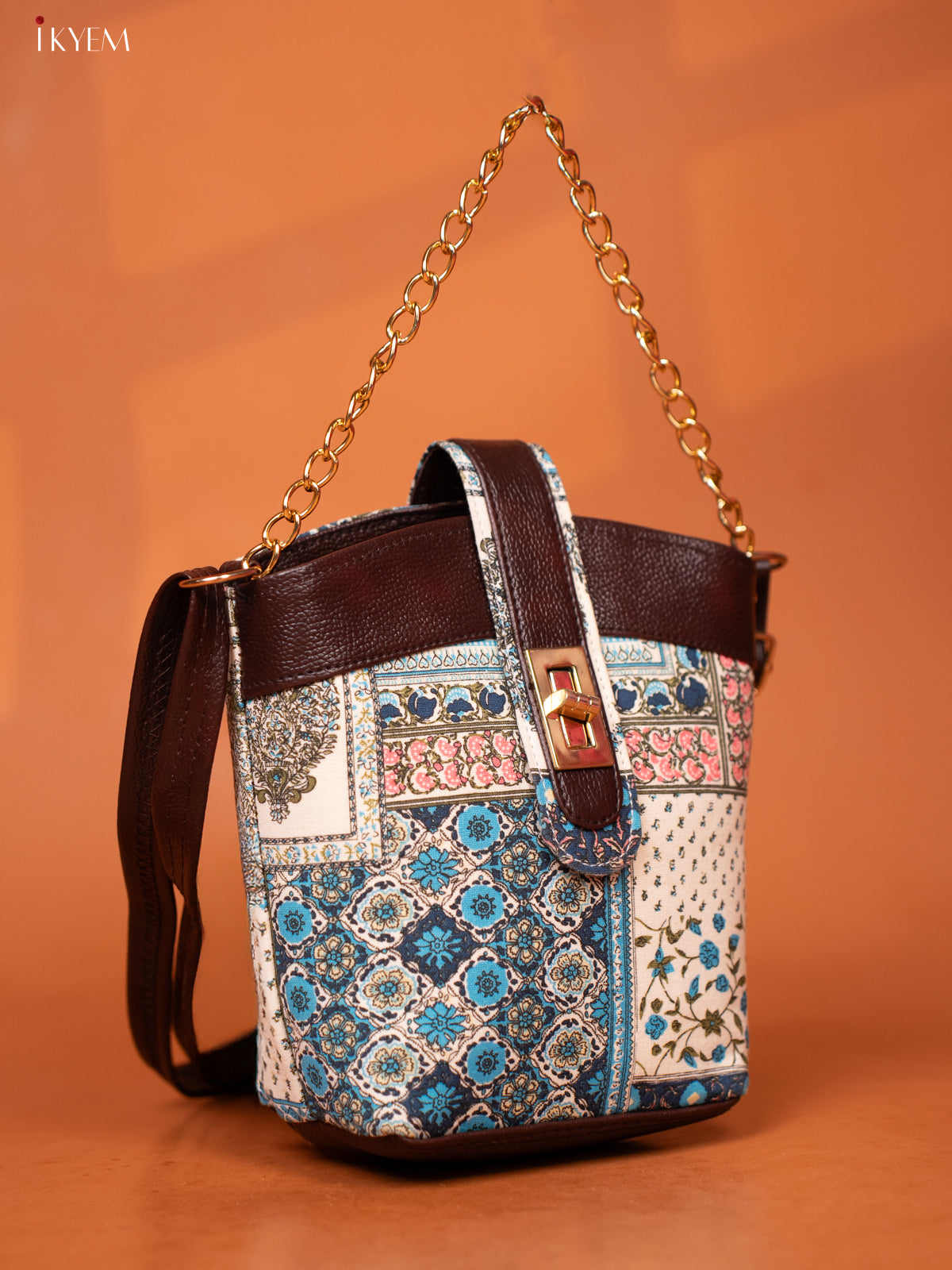 Printed patchwork Cotton Leather Sling Bag -Sky Blue - KD26976