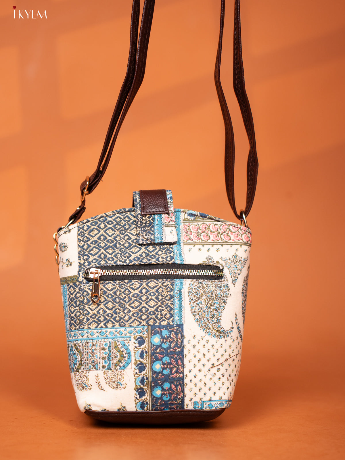 Printed patchwork Cotton Leather Sling Bag -Sky Blue - KD26976