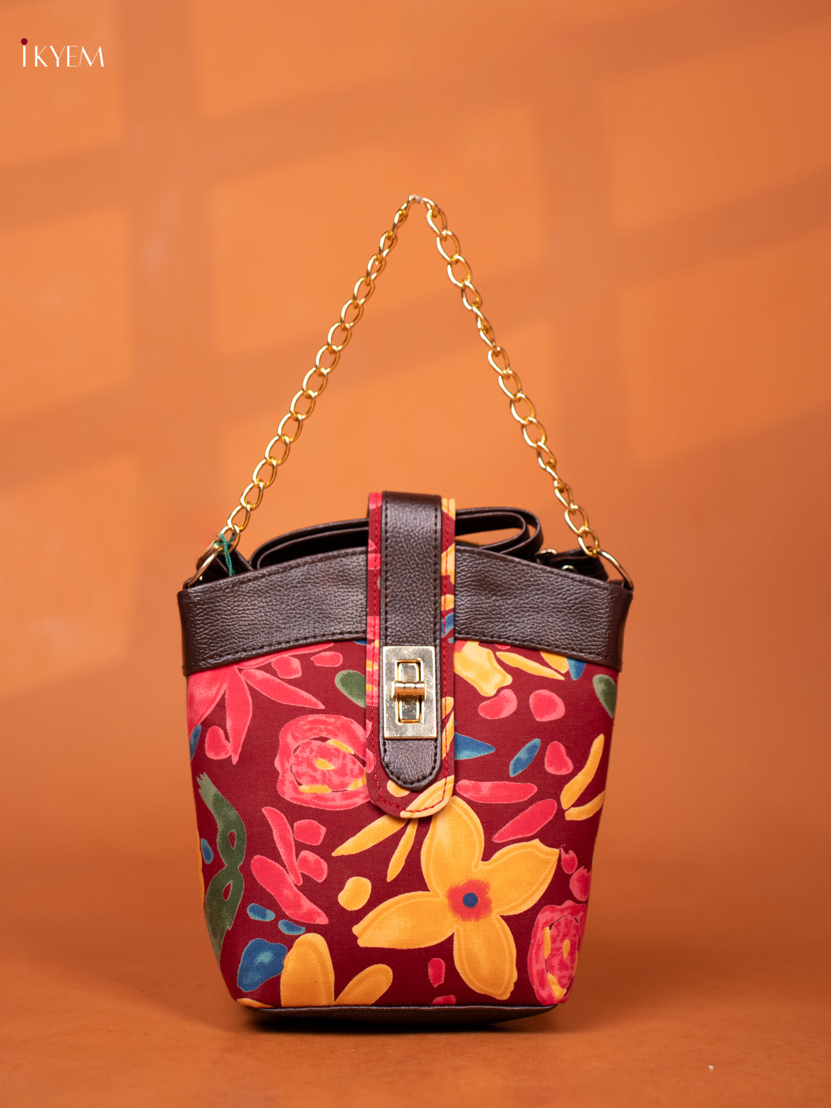 Printed Floral Cotton Leather Sling -Maroon - KD26978