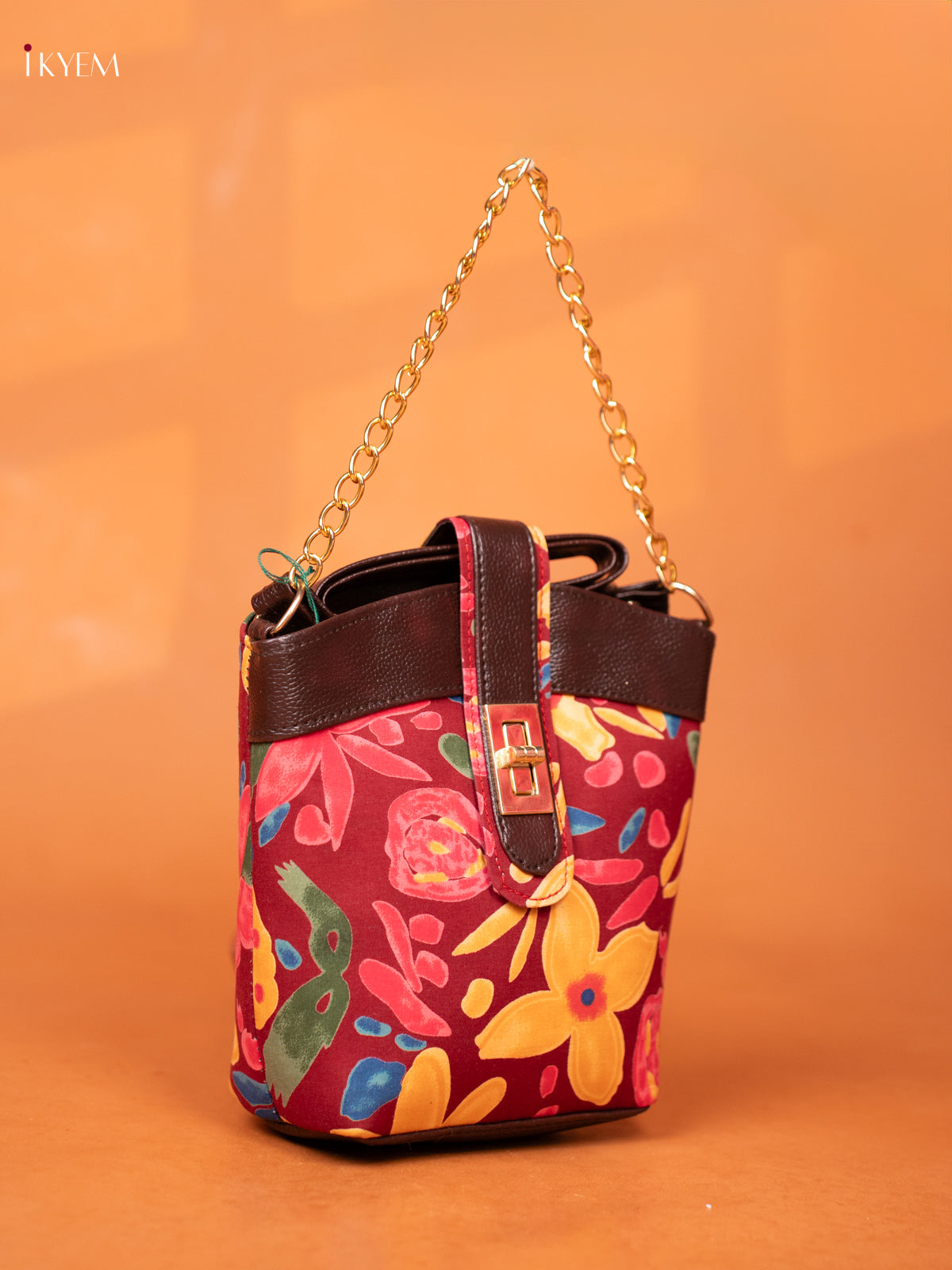 Printed Floral Cotton Leather Sling -Maroon - KD26978