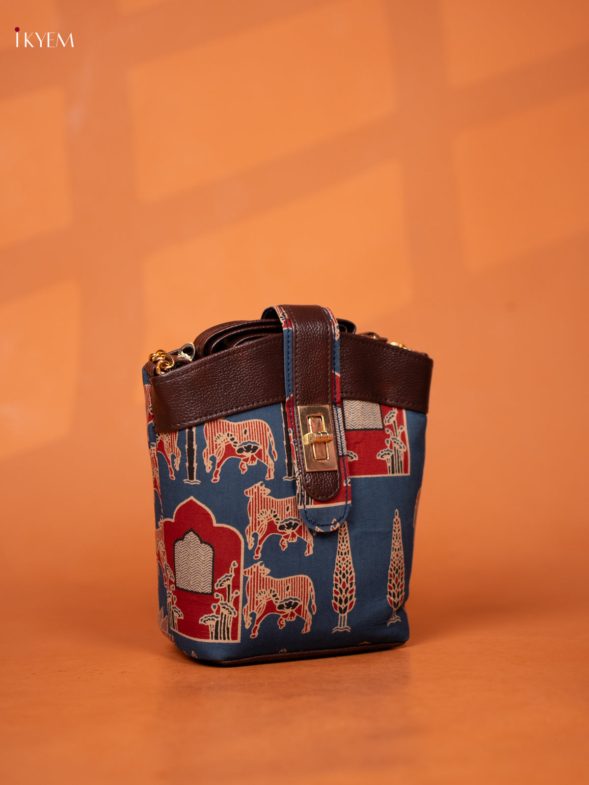 Printed Cotton Leather Sling Bag - Blue - KD26980