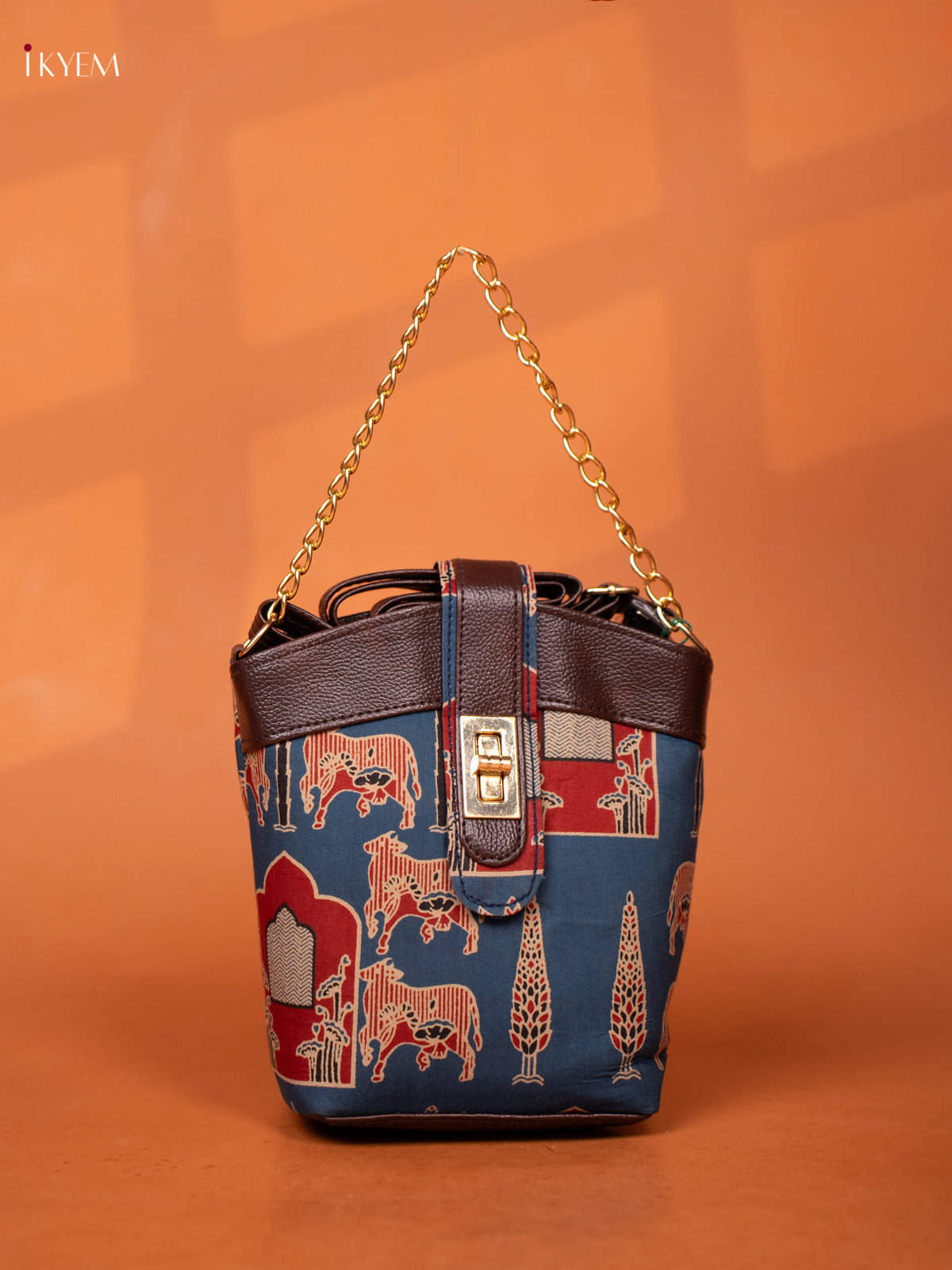 Printed Cotton Leather Sling Bag - Blue - KD26980