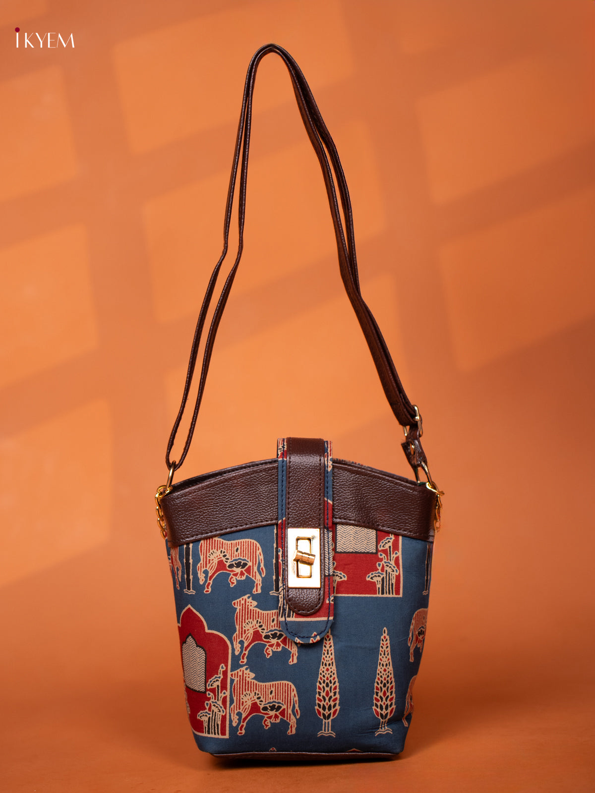 Printed Cotton Leather Sling Bag - Blue - KD26980