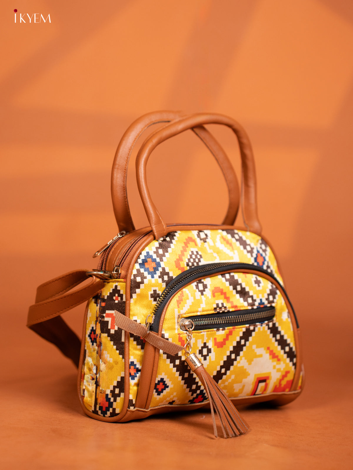 Patola Design Leather Sling Handy handbag with 4 Compartments -Yellow