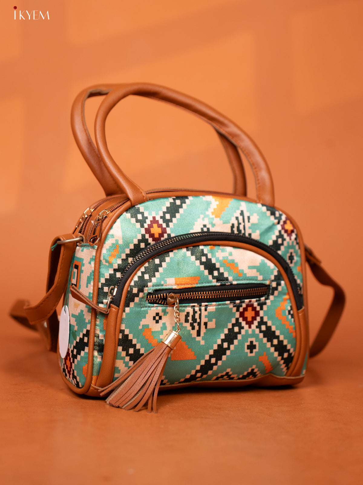 Patola Design Leather Sling Handy handbag with 4 Compartments -Light Green