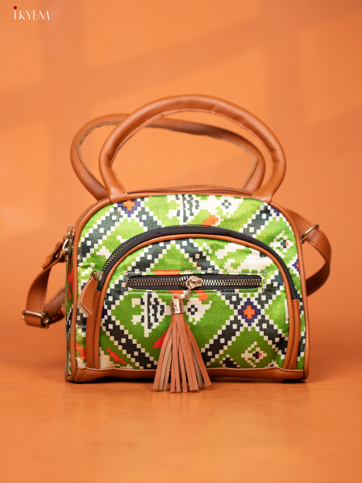 Patola Design Leather Sling Handy handbag with 4 Compartments -Green -KD26984