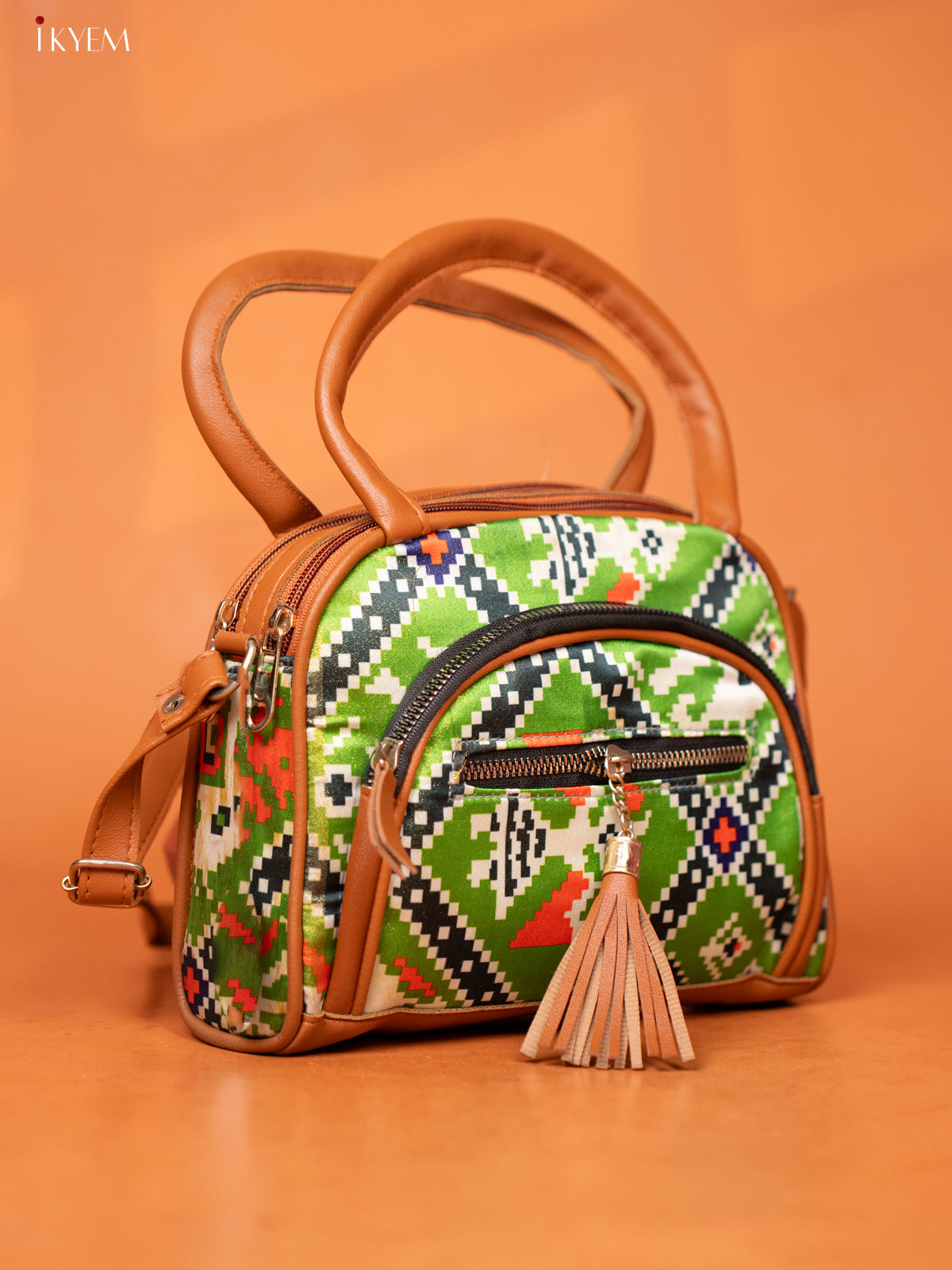 Patola Design Leather Sling Handy handbag with 4 Compartments -Green -KD26984