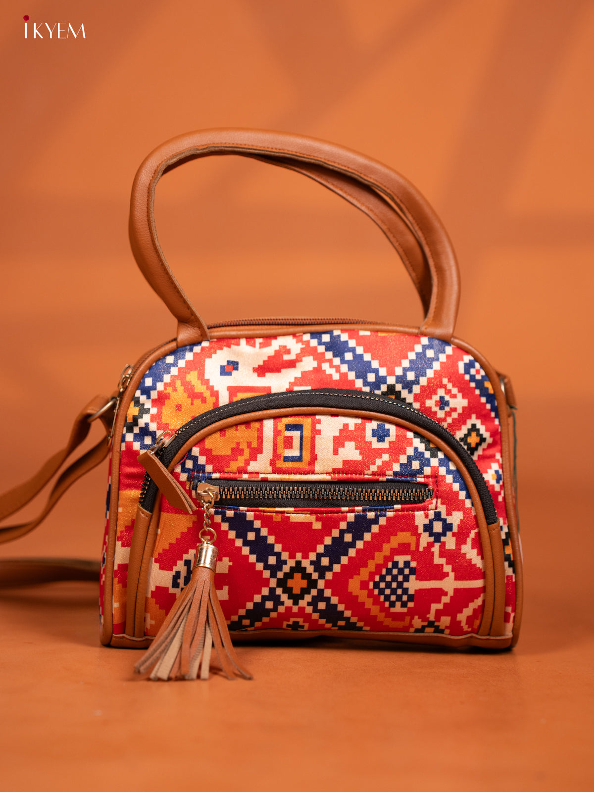 Patola Design Leather Sling Handy handbag with 4 Compartments - Red - KD26986