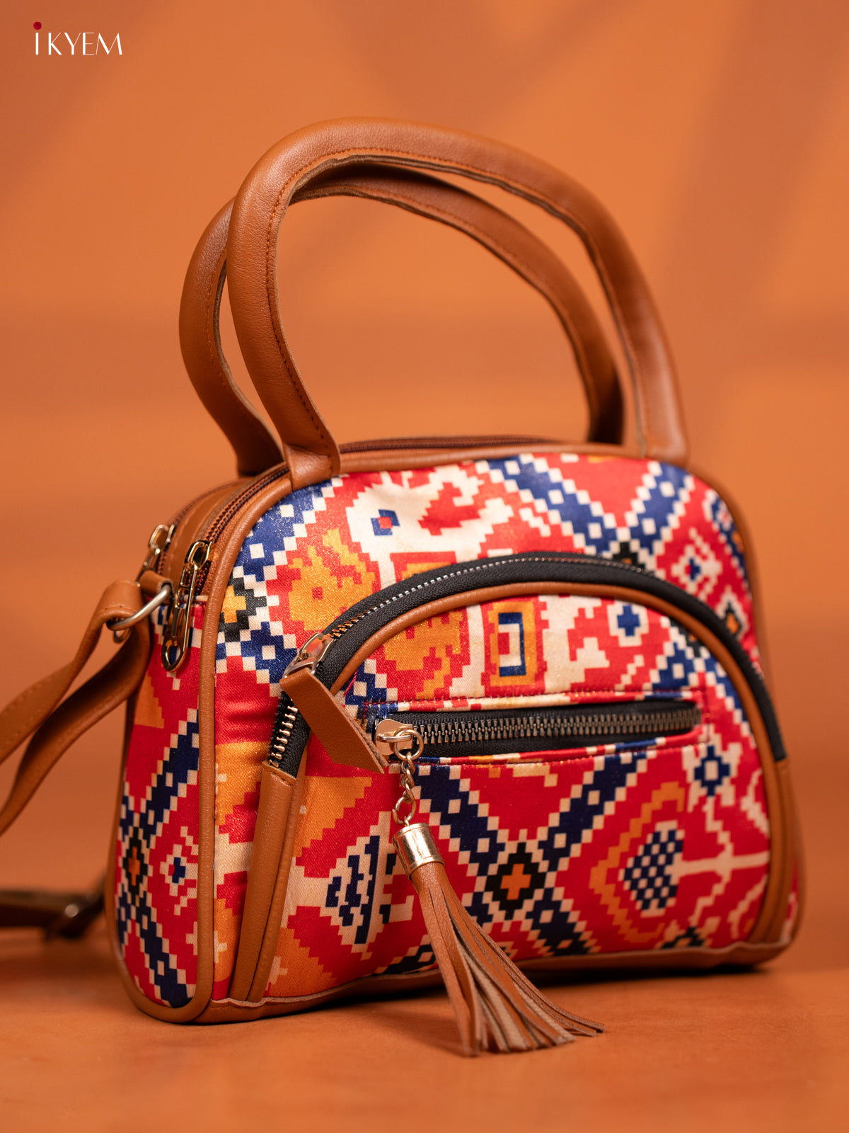 Patola Design Leather Sling Handy handbag with 4 Compartments - Red - KD26986