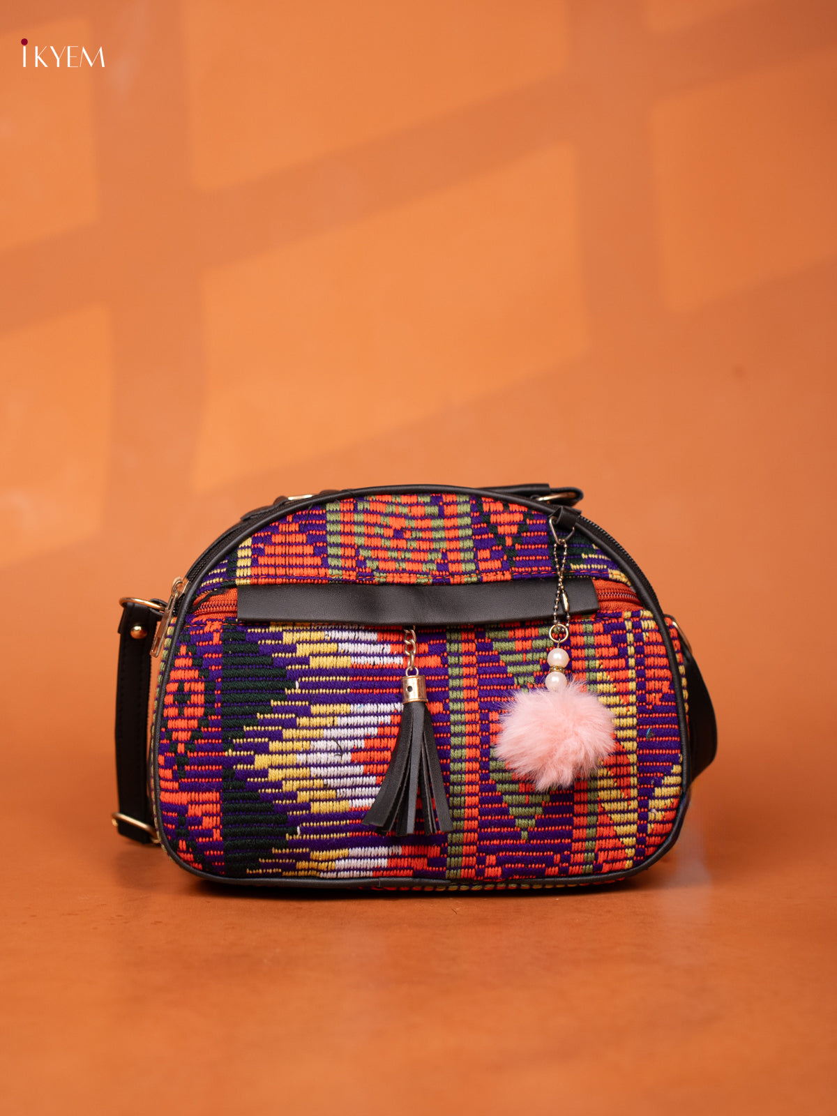 Jacquard Leather Sling Bag with 4 Compartments -Multicolour - KD26989