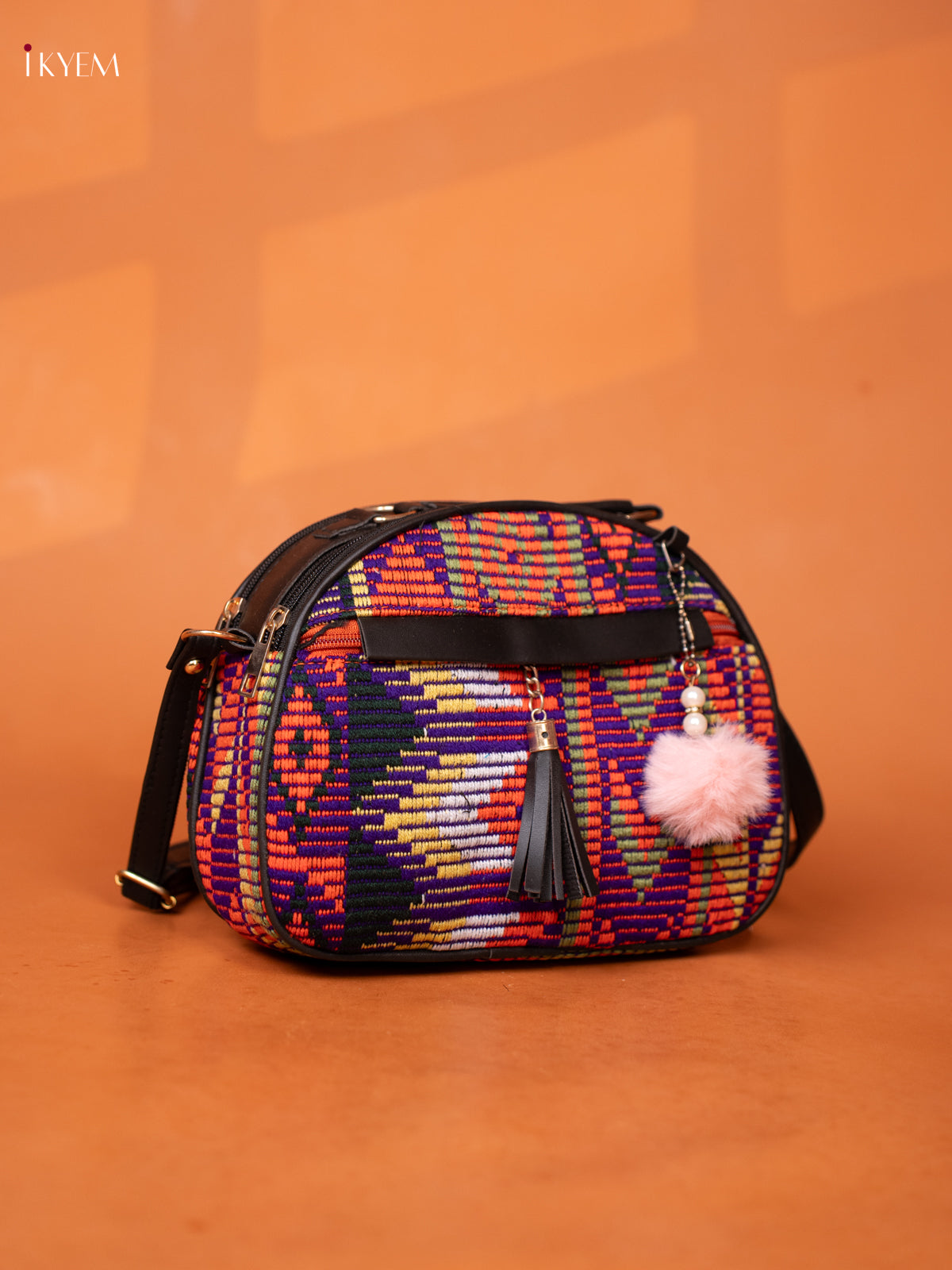 Jacquard Leather Sling Bag with 4 Compartments -Multicolour - KD26989