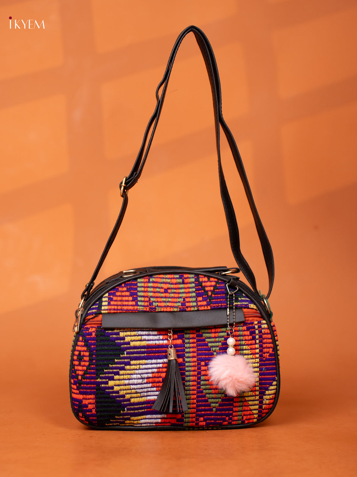 Jacquard Leather Sling Bag with 4 Compartments -Multicolour - KD26989
