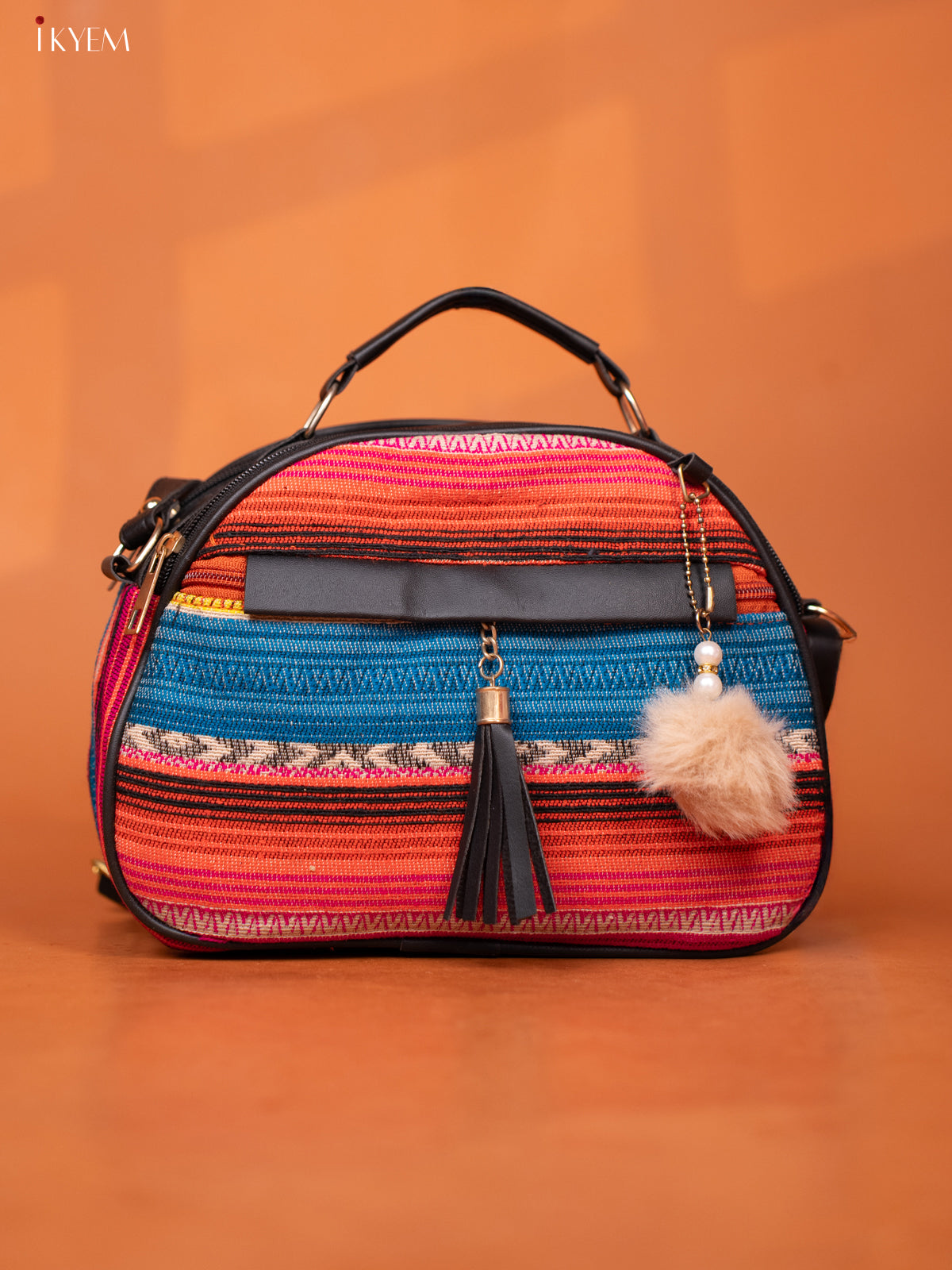 Jacquard Leather Sling Bag with 4 Compartments - Multicolour - KD26990