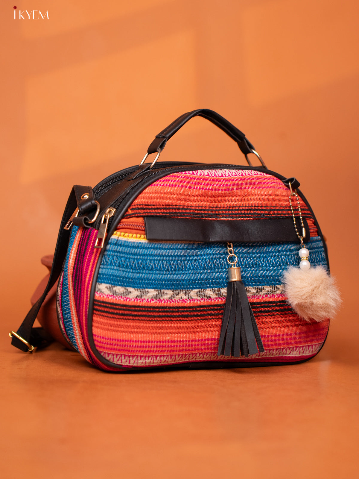 Jacquard Leather Sling Bag with 4 Compartments - Multicolour - KD26990