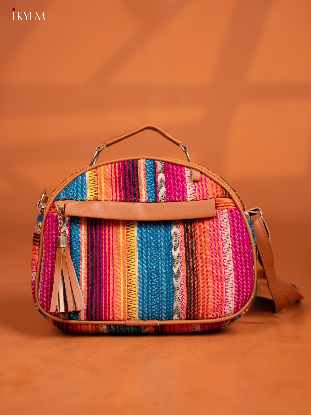 Jacquard Leather Sling Bag with 4 Compartments - Multicolour -  KD26991