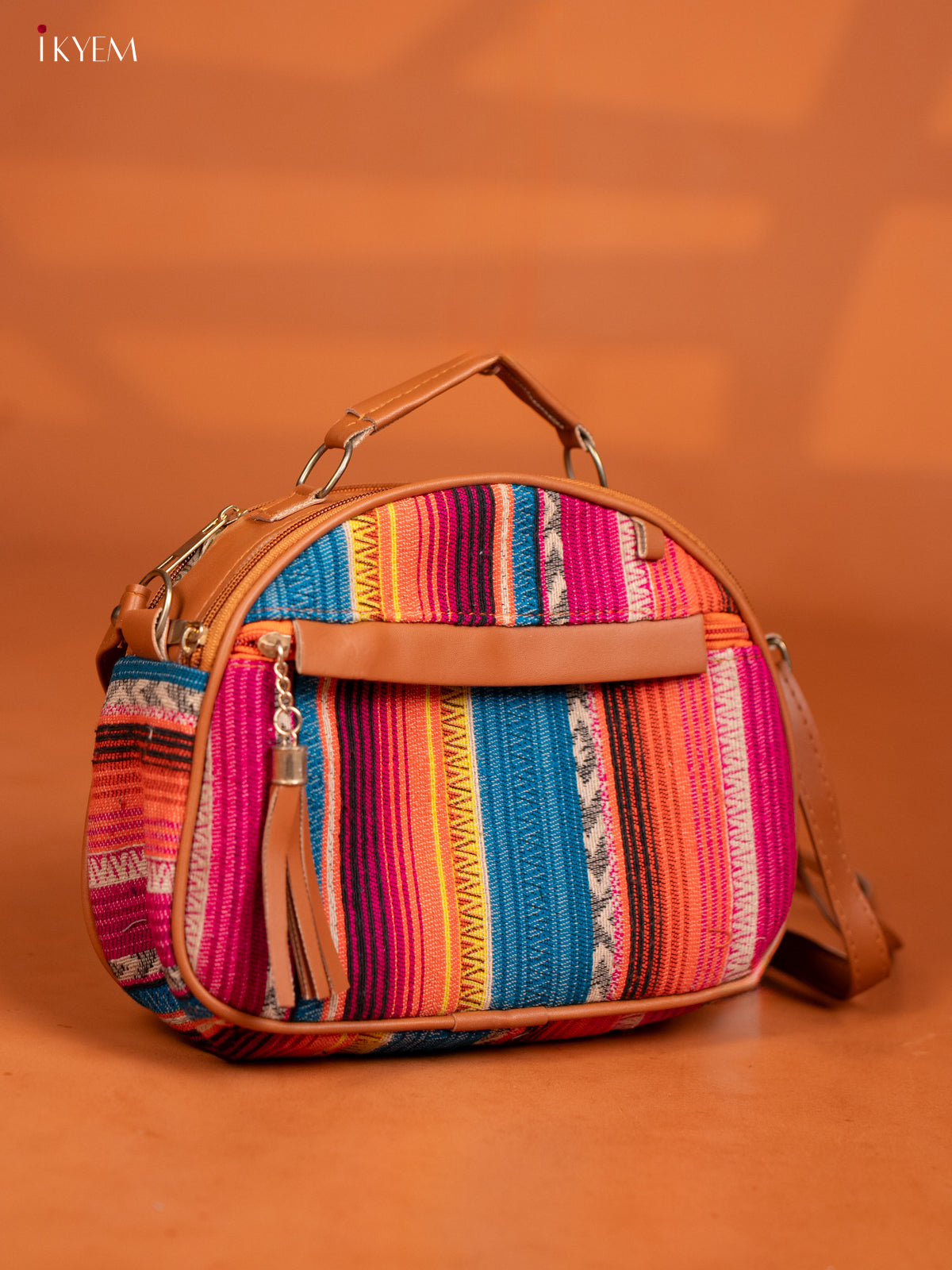 Jacquard Leather Sling Bag with 4 Compartments - Multicolour -  KD26991