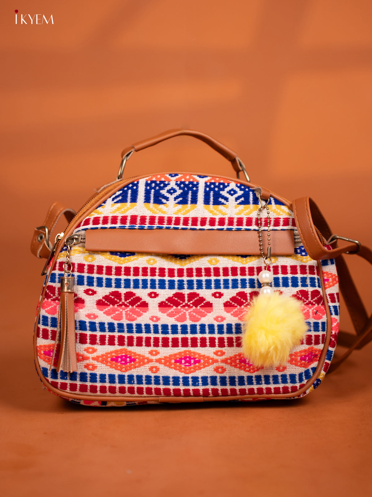 Jacquard Leather Sling Bag with 4 Compartments - Multicolour -Multicolour