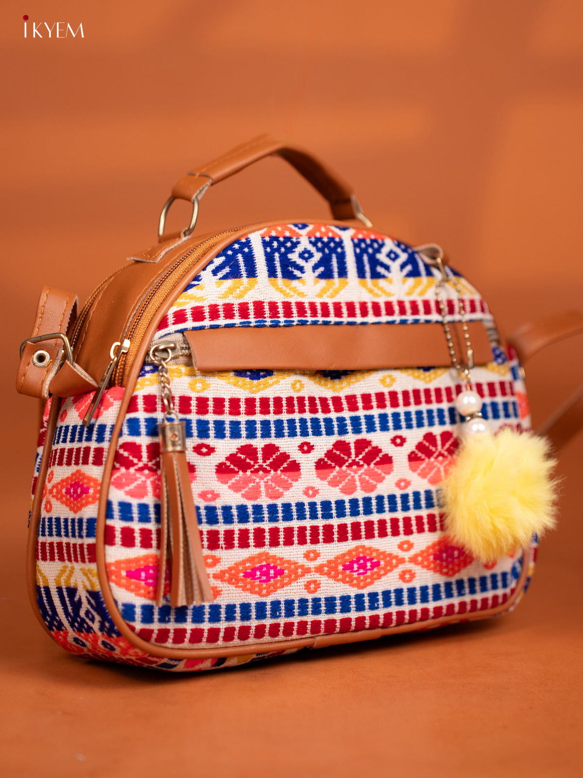 Jacquard Leather Sling Bag with 4 Compartments - Multicolour -Multicolour