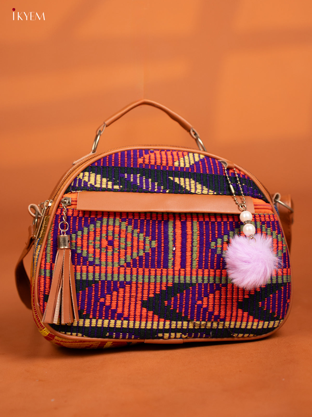 Jacquard Leather Sling Bag with 4 Compartments - Multicolour - KD26999