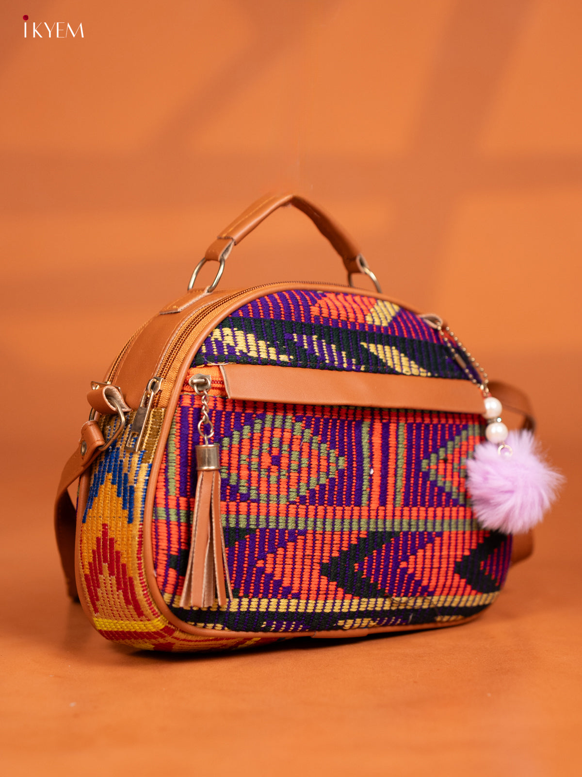 Jacquard Leather Sling Bag with 4 Compartments - Multicolour - KD26999
