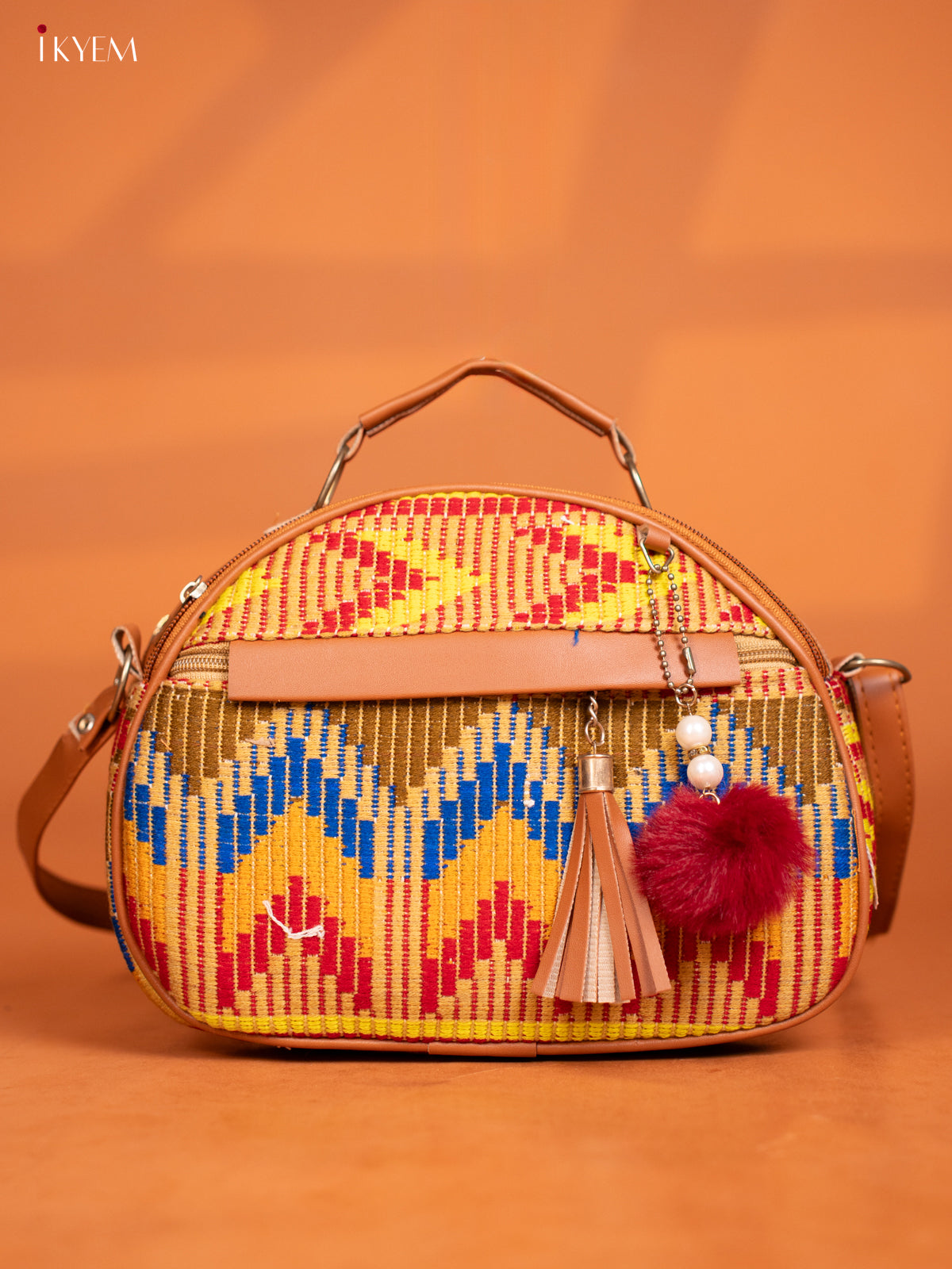 Jacquard Leather Sling Bag with 4 Compartments - Multicolour - KD27001
