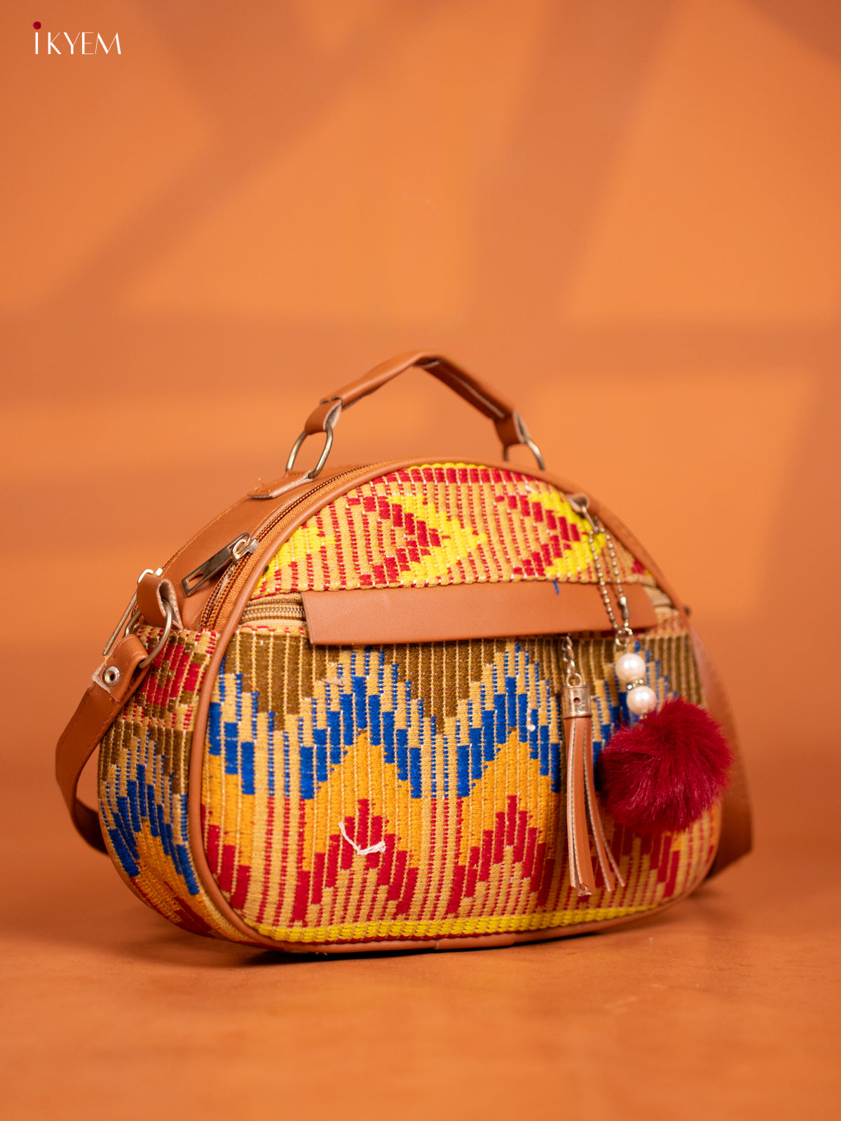 Jacquard Leather Sling Bag with 4 Compartments - Multicolour - KD27001