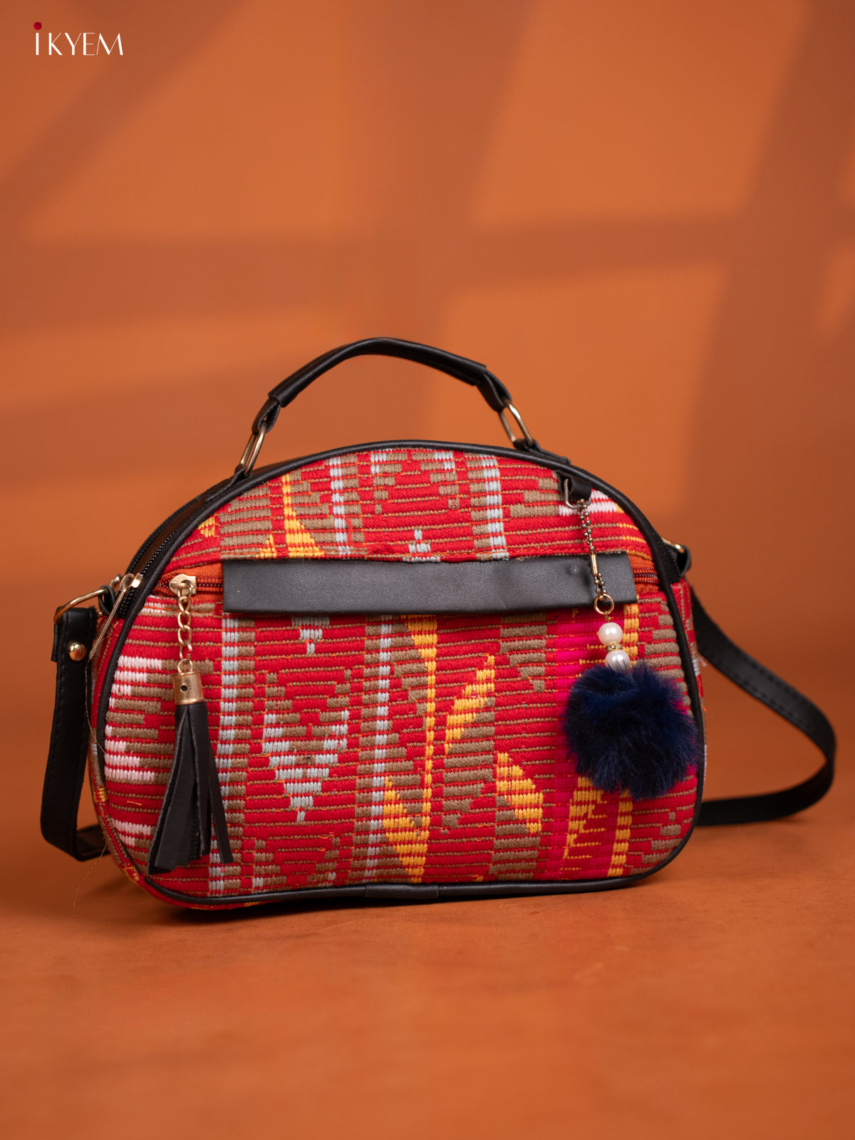 Jacquard Leather Sling Bag with 4 Compartments -Multicolour - KD27002
