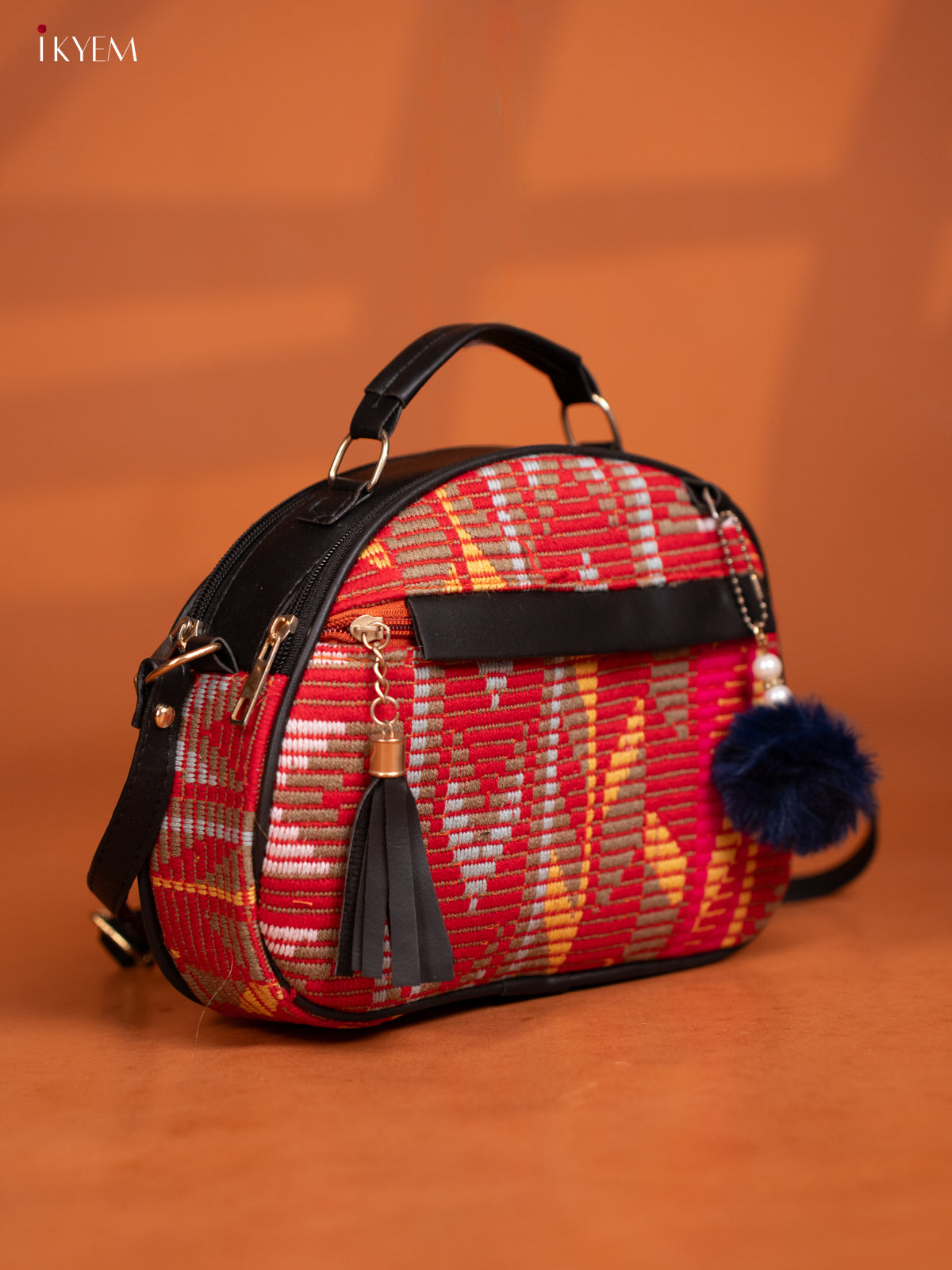 Jacquard Leather Sling Bag with 4 Compartments -Multicolour - KD27002
