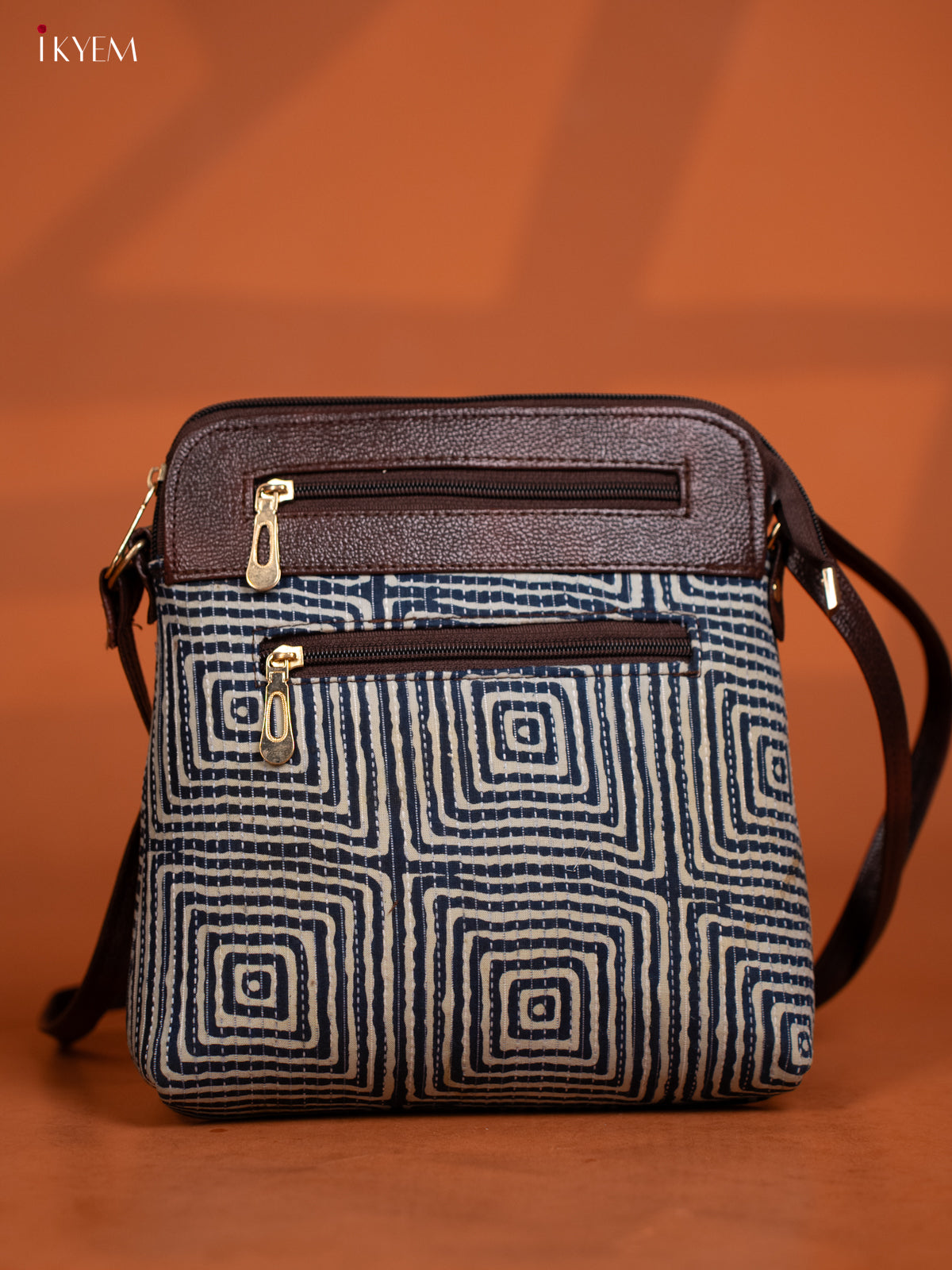 Jacquard Geometric Leather Sling Bag with 4 Compartments - Blue - KD27003