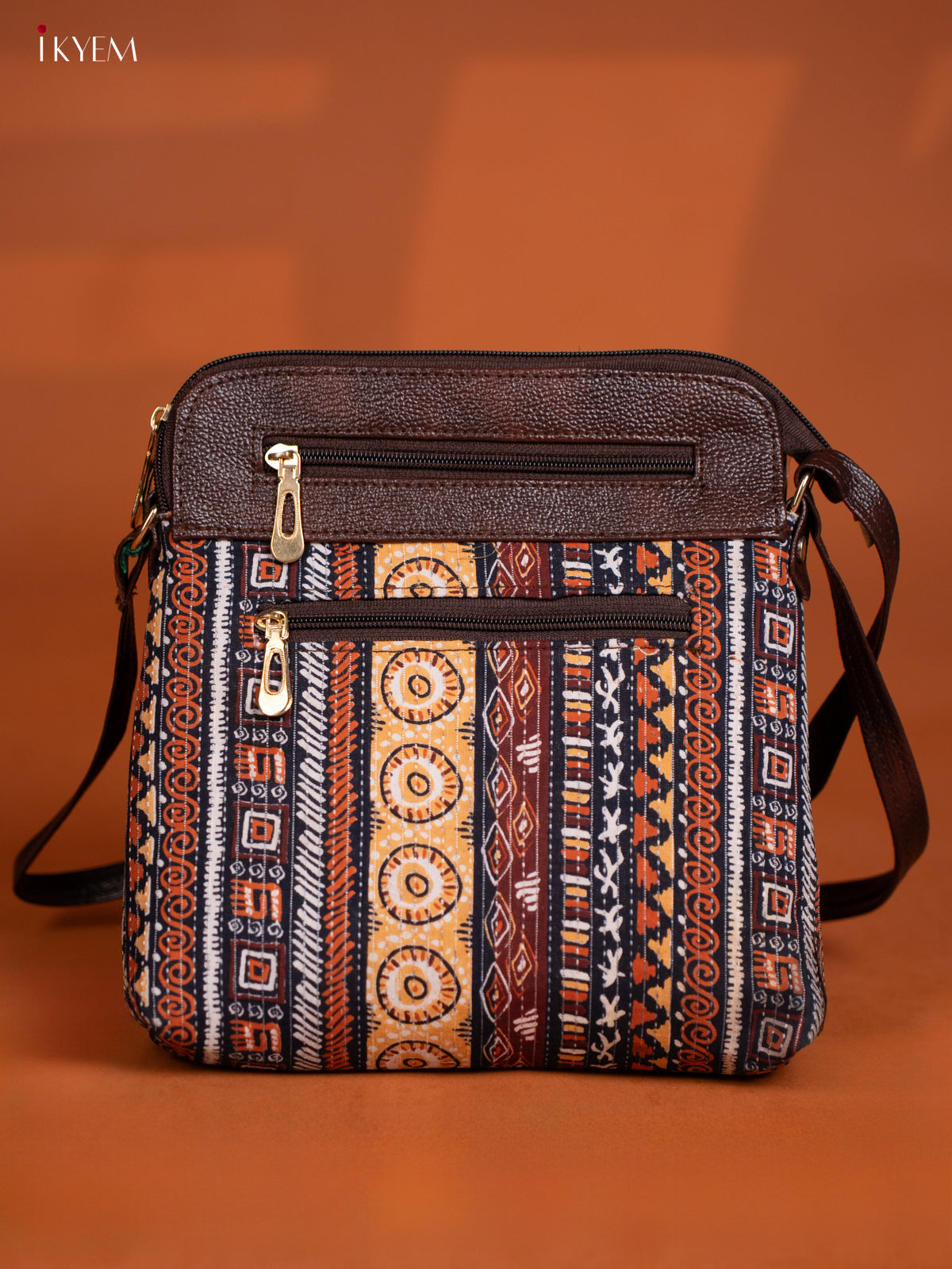 Printed Leather Sling Bag with 4 Compartments - Brown - KD27004