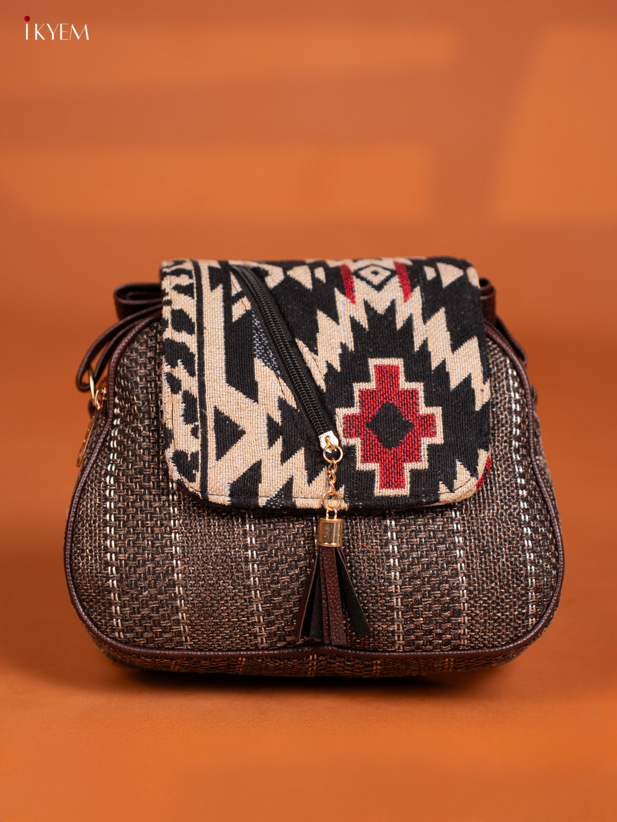 Jacquard Woven Leather Sling Bag - Brown - KD27011
