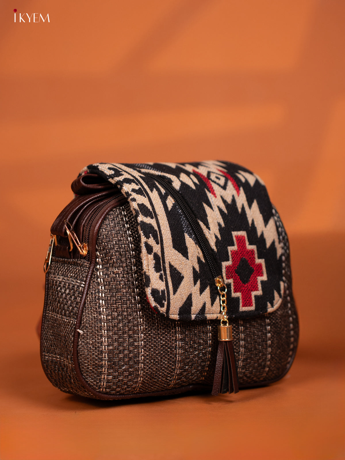 Jacquard Woven Leather Sling Bag - Brown - KD27011