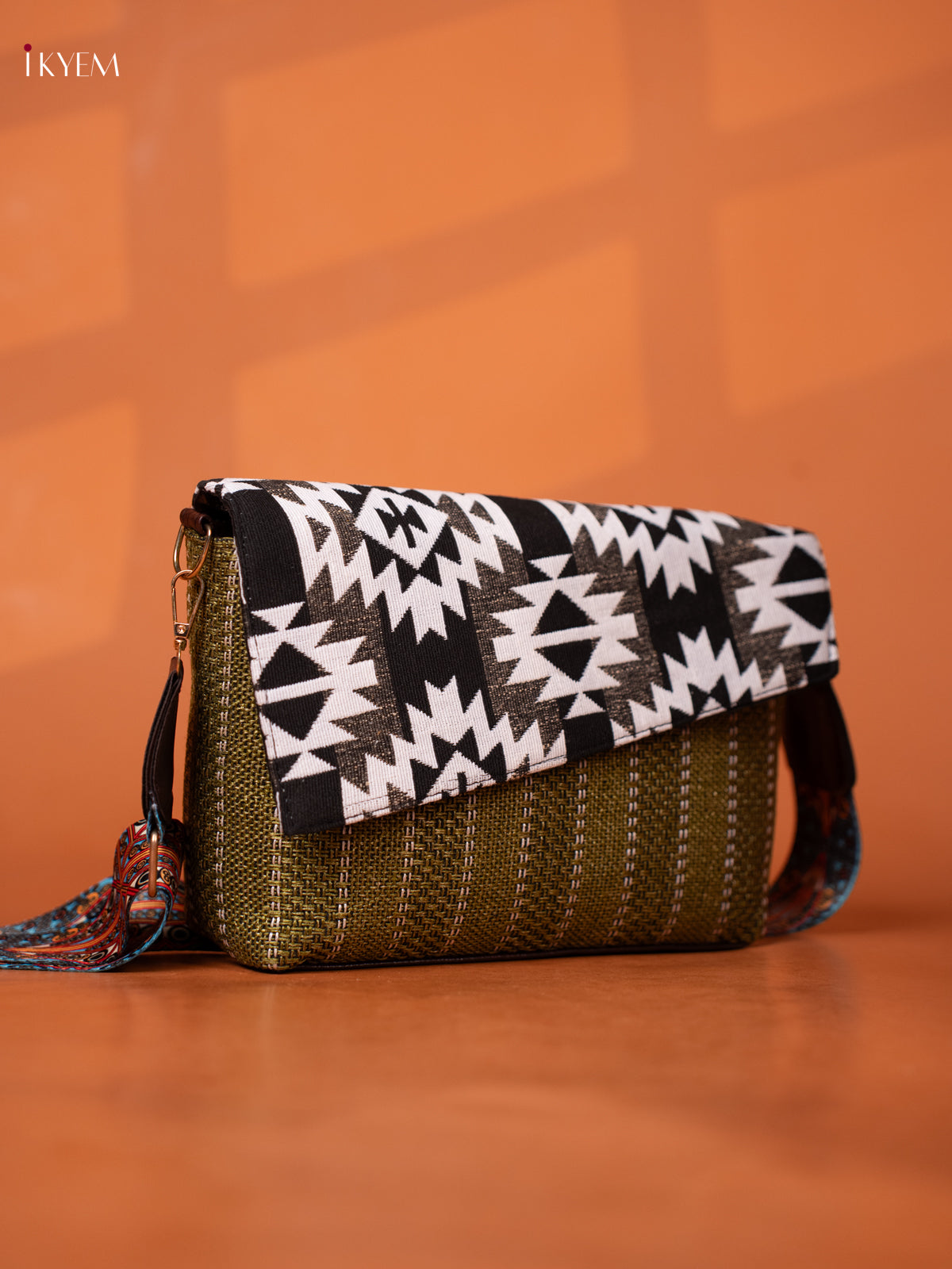 Jacquard Ikat printed Sling Bag - Green - KD27016