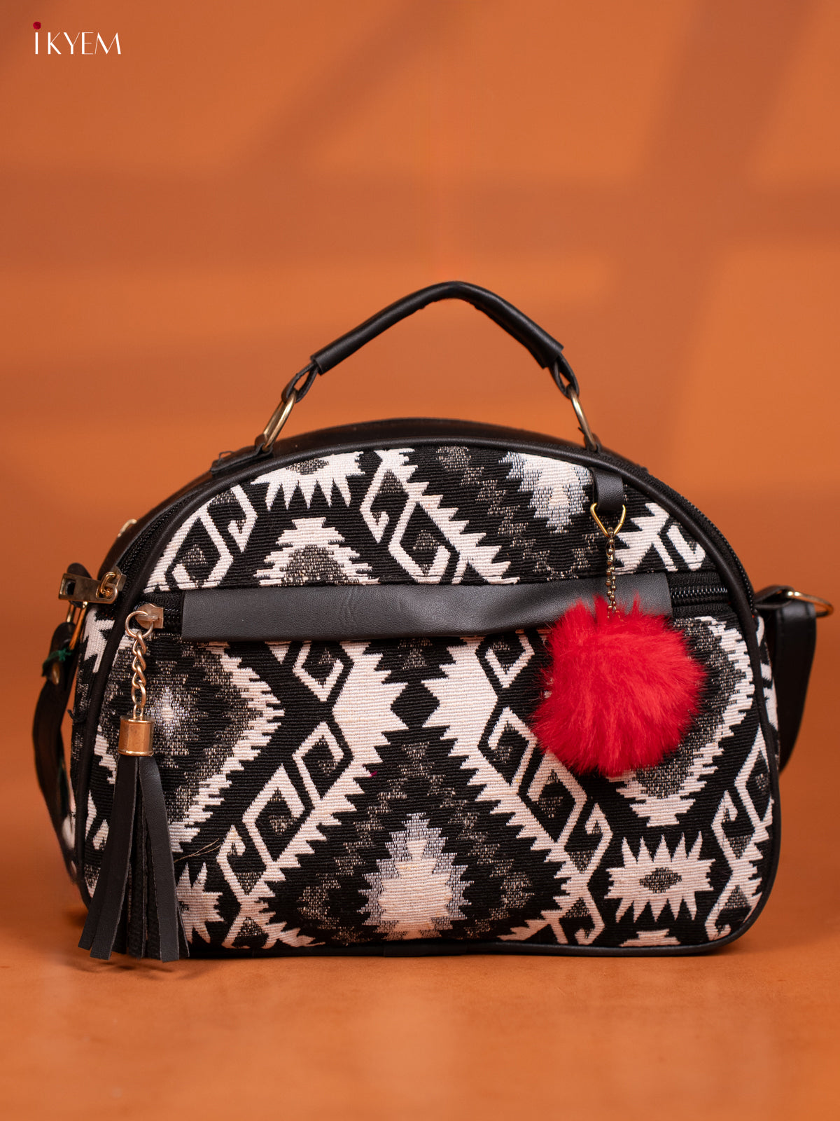 Jacquard Ikat Leather Sling Bag with 4 Compartments-Black - KD27018