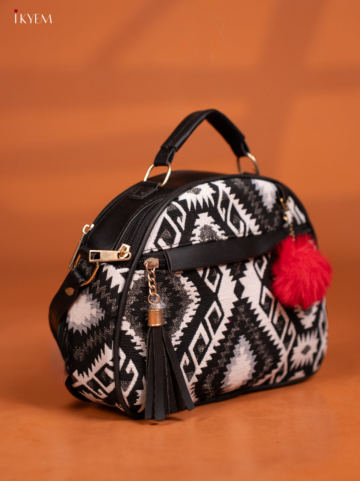 Jacquard Ikat Leather Sling Bag with 4 Compartments-Black - KD27018